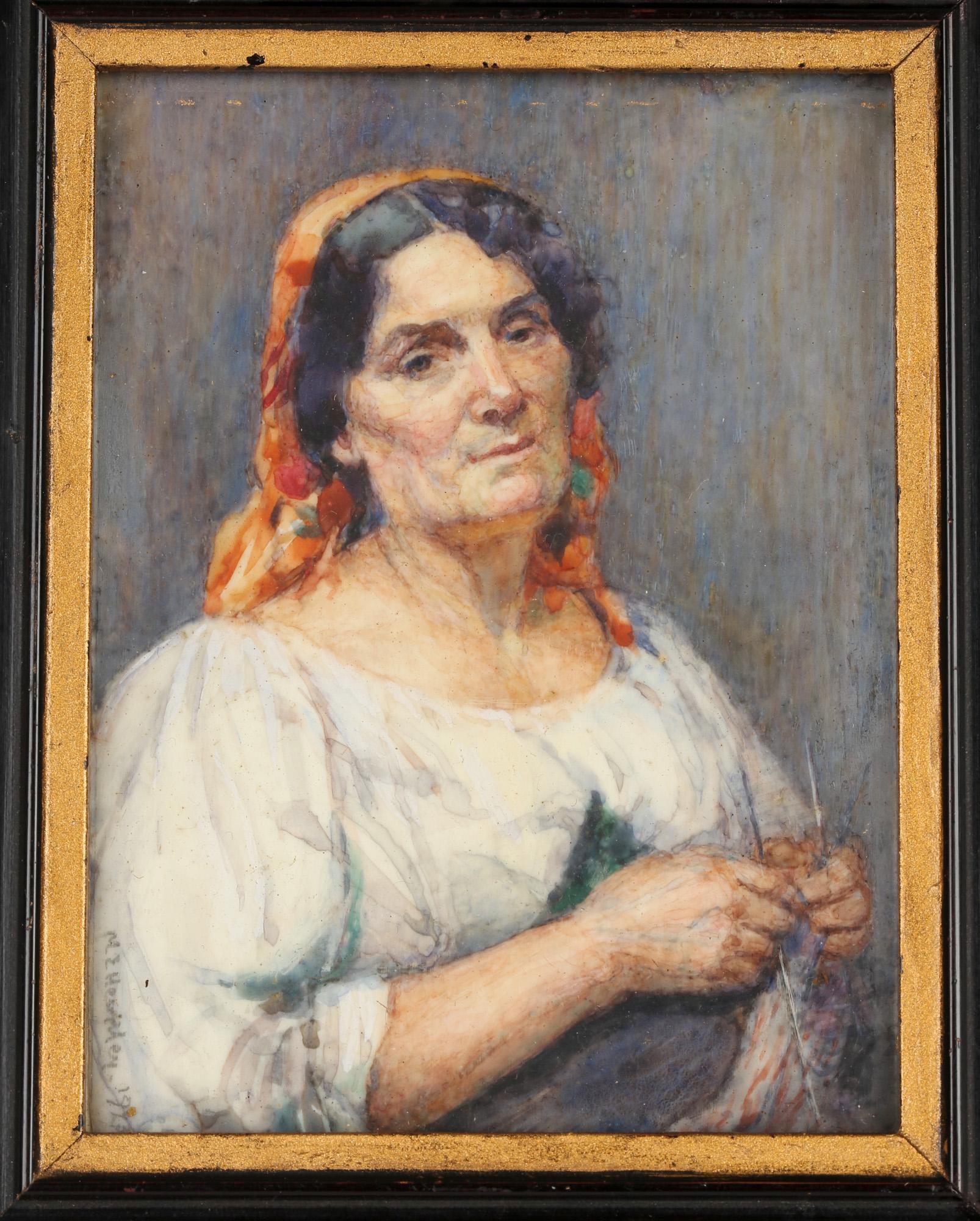 Hand-Painted Marion Edith Hewkley Miniature 'Italian Peasant' Framed Watercolor 1923 For Sale