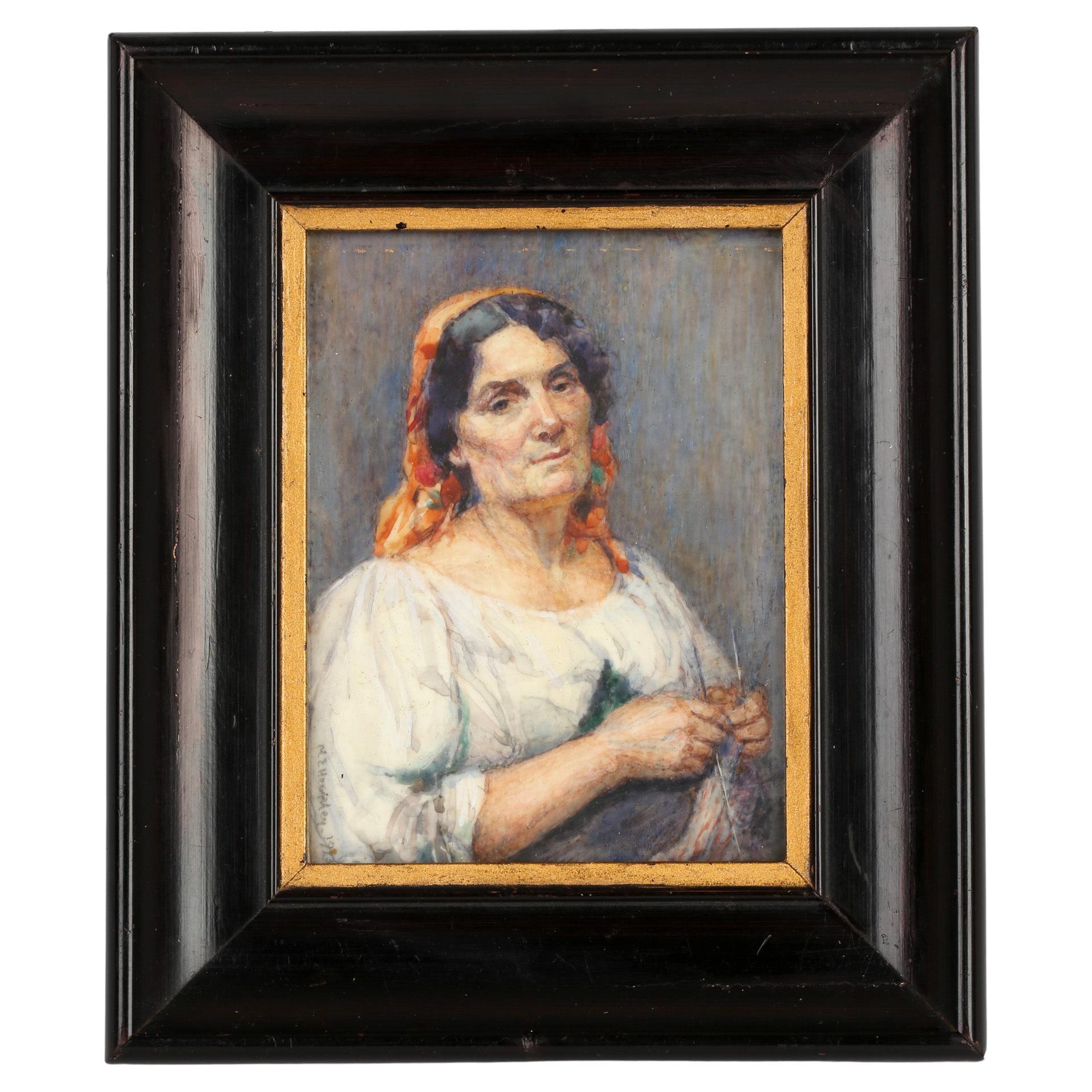 Marion Edith Hewkley Miniature 'Paysan Italien' Aquarelle encadrée 1923