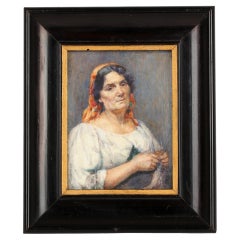 Antique Marion Edith Hewkley Miniature 'Italian Peasant' Framed Watercolor 1923