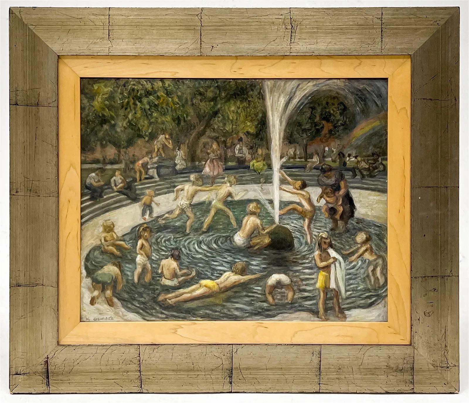 Bagnanti 1940s Metà del XX secolo Scena americana Realismo sociale WPA Moderno Ashcan - Painting di Marion Gilmore
