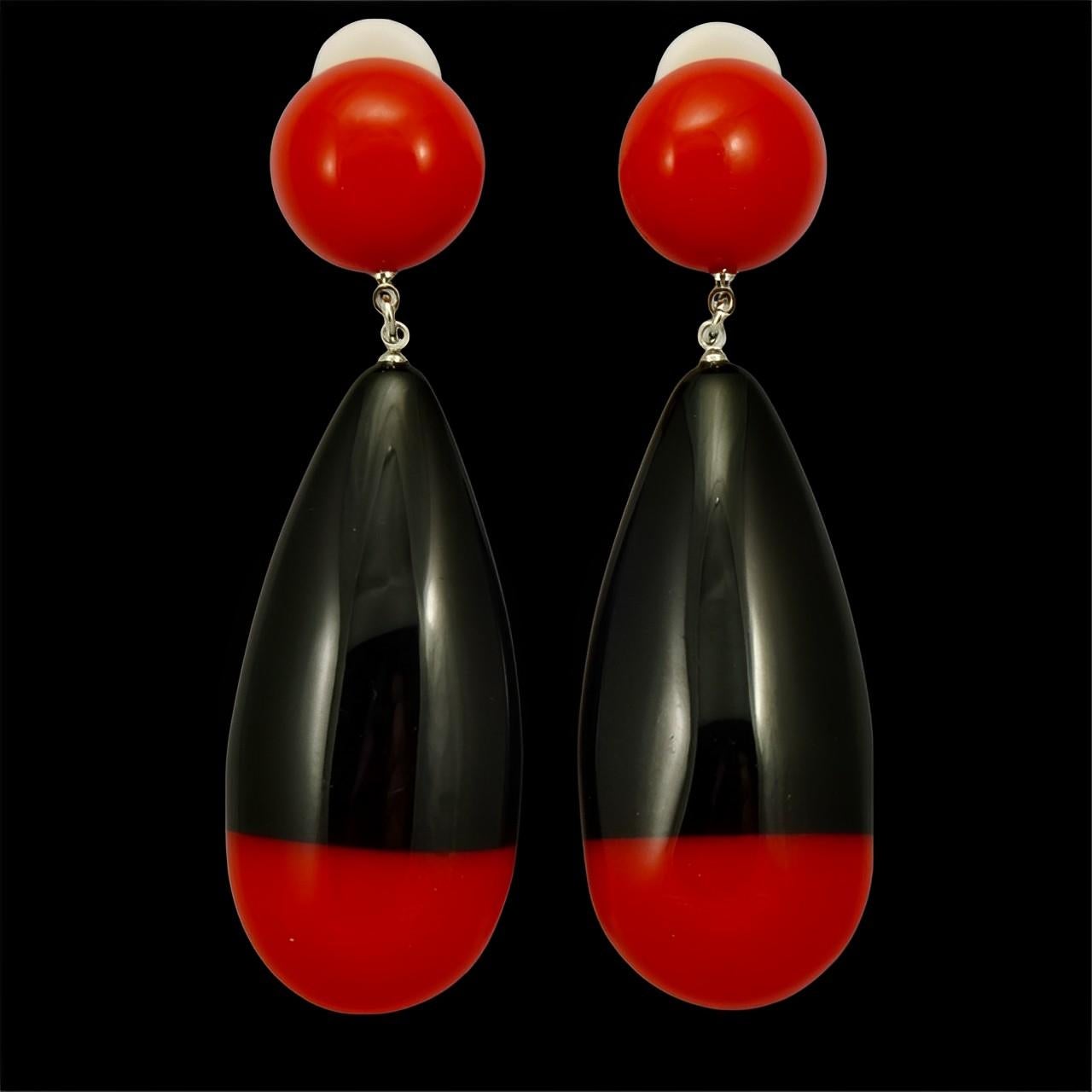 Women's or Men's Marion Godart Red and Black Drop Clip On Shiny Plastic Statement Earrings For Sale