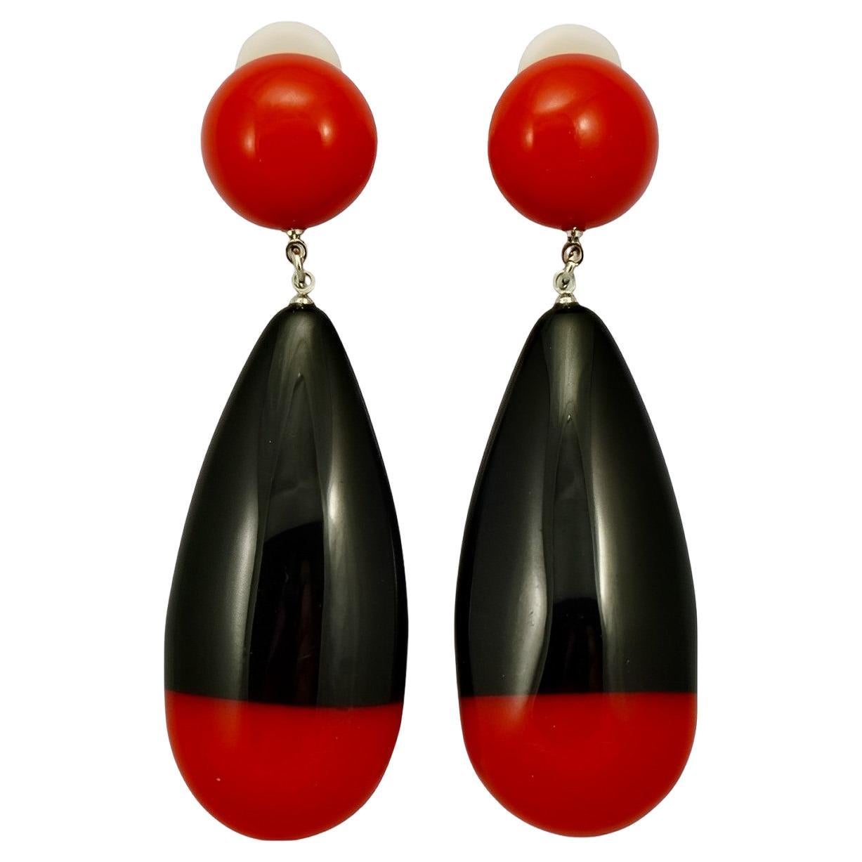 Marion Godart Red and Black Drop Clip On Shiny Plastic Statement Earrings For Sale
