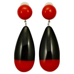 Marion Godart Red and Black Drop Clip On Shiny Plastic Statement Earrings