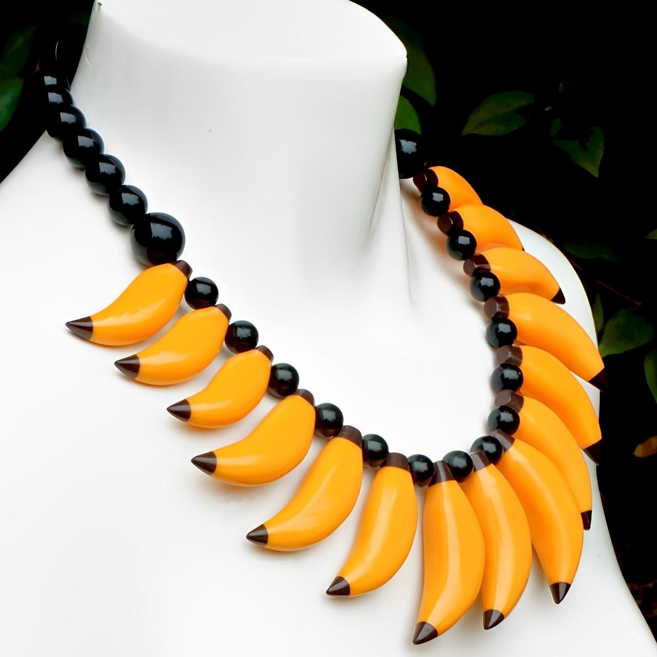 Marion Godart Yellow and Black Shiny Plastic Bananas and Black Bead Necklace For Sale 1