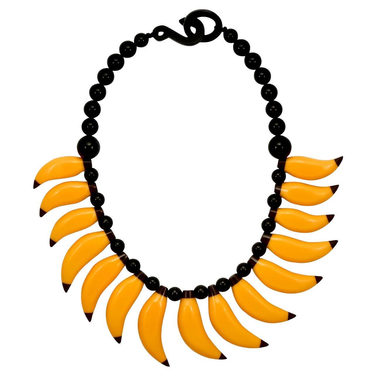 Marion Godart Yellow and Black Shiny Plastic Bananas and Black Bead Necklace For Sale