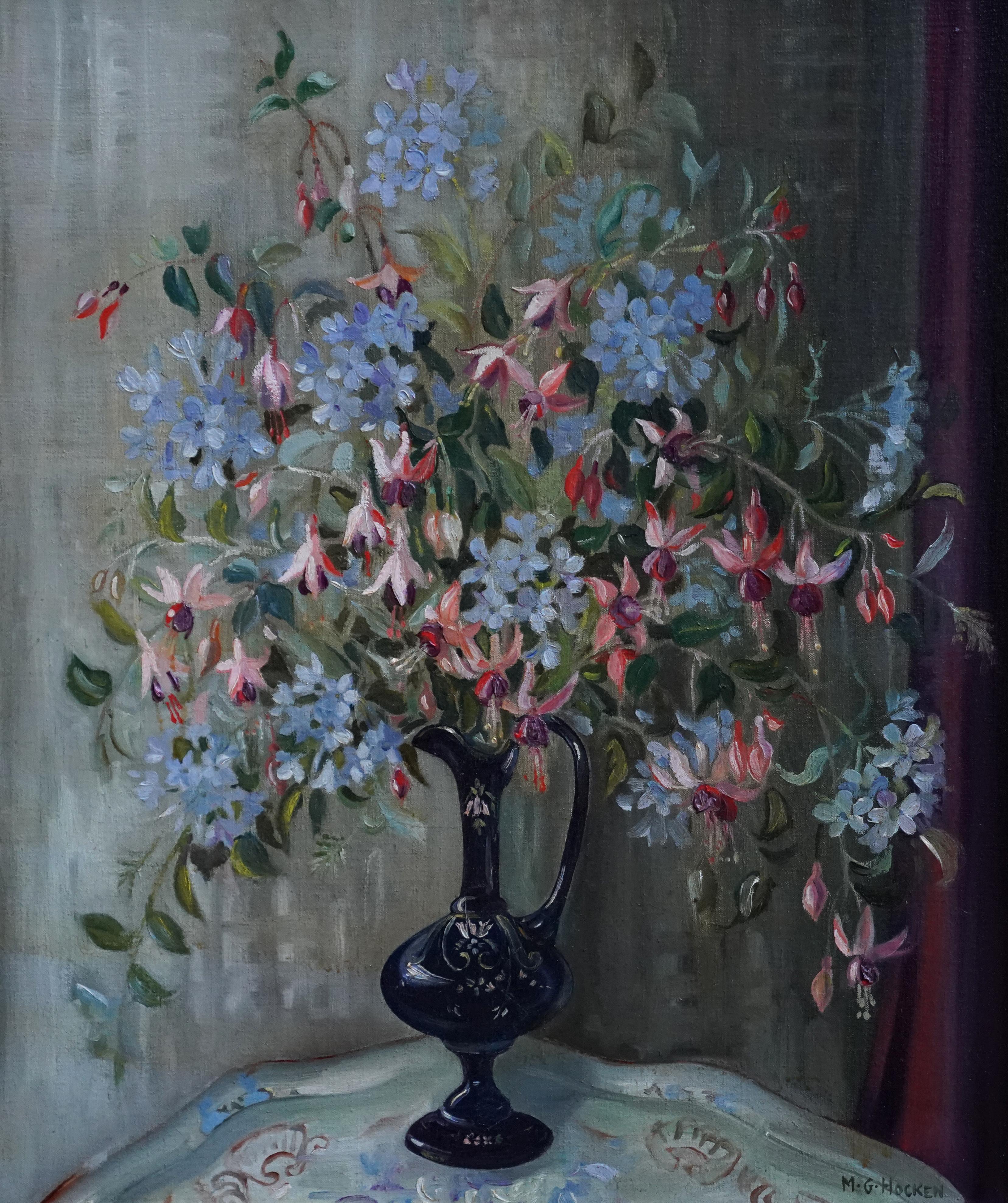 Floral of Fuchsias in a Blue Vase - British fifties still Life art oil painting - Painting by Marion Grace Hocken