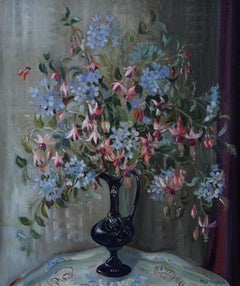Floral of Fuchsias in a Blue Vase - British fifties still Life art oil painting