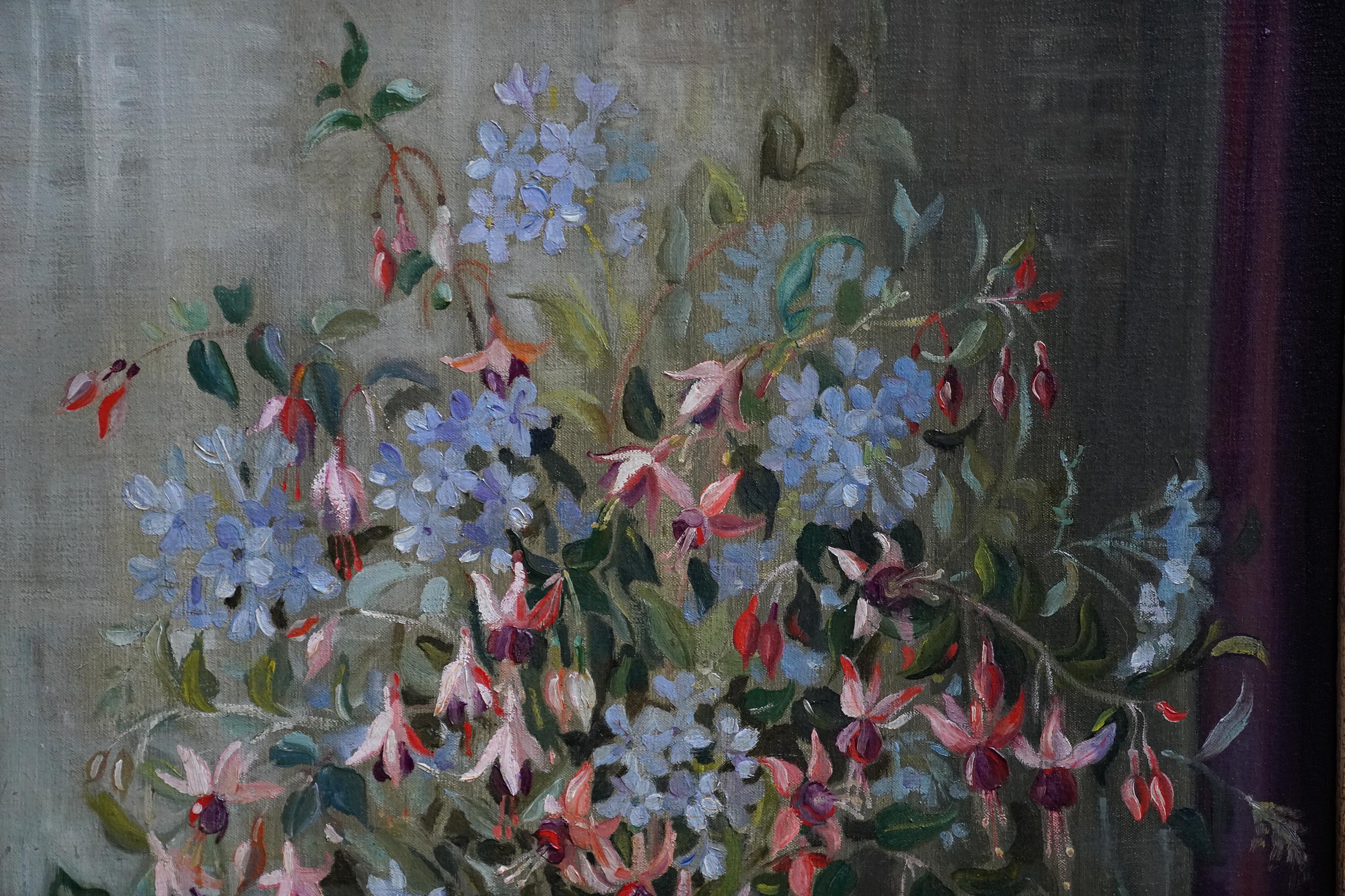 Floral of Fuchsias in a Blue Vase - British fifties still Life art oil painting - Realist Painting by Marion Grace Hocken