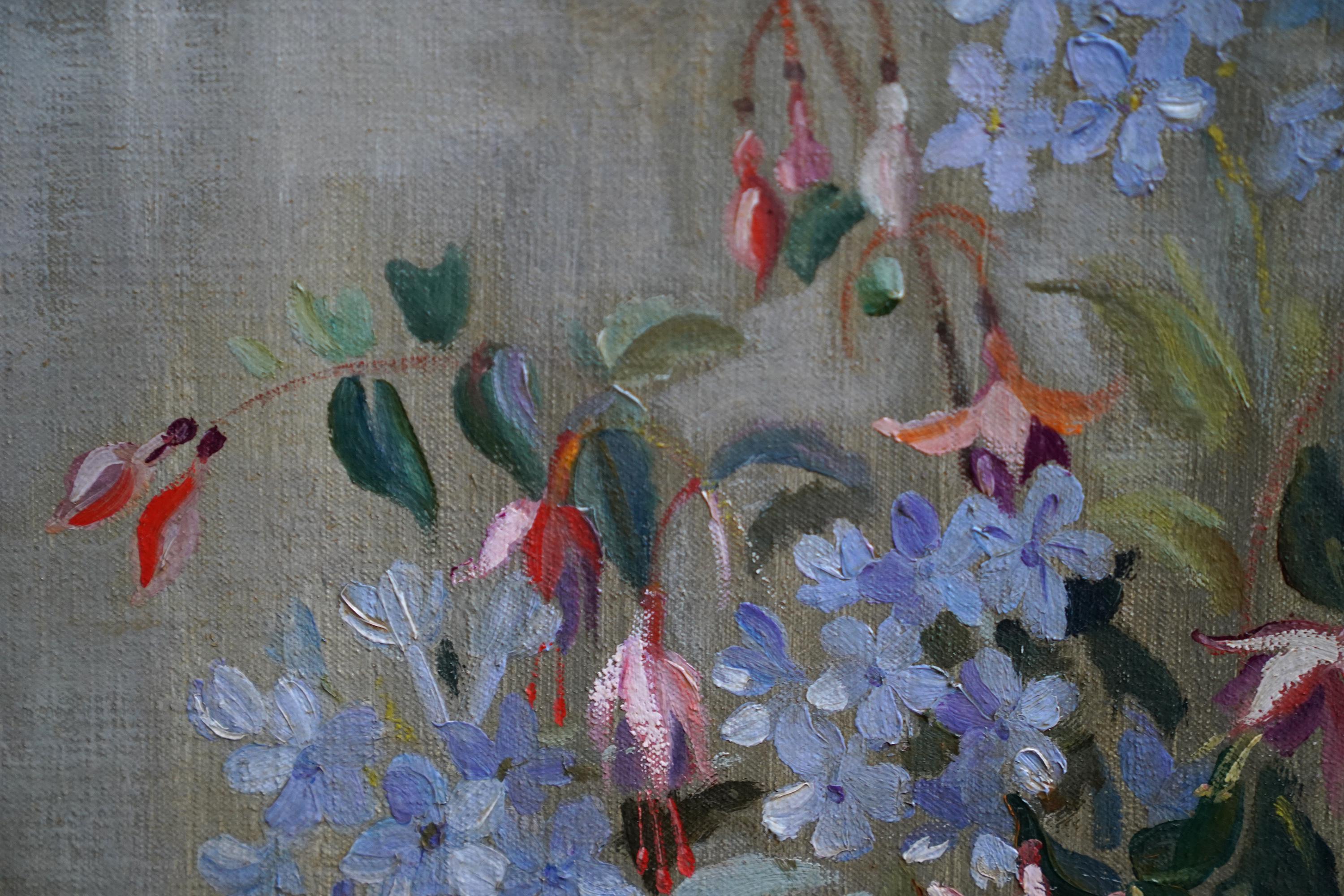 Floral of Fuchsias in a Blue Vase - British fifties still Life art oil painting For Sale 1