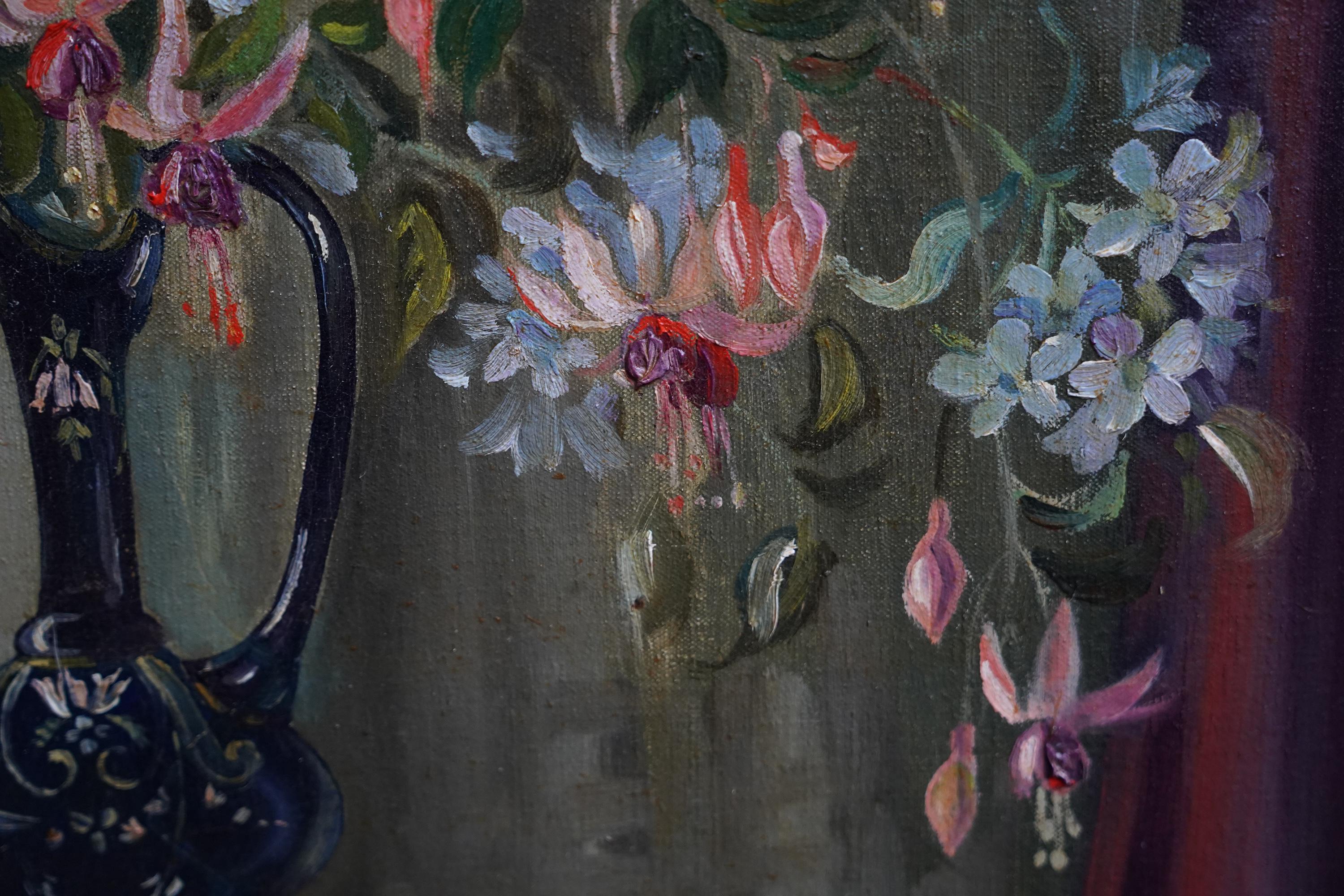 Floral of Fuchsias in a Blue Vase - British fifties still Life art oil painting For Sale 2