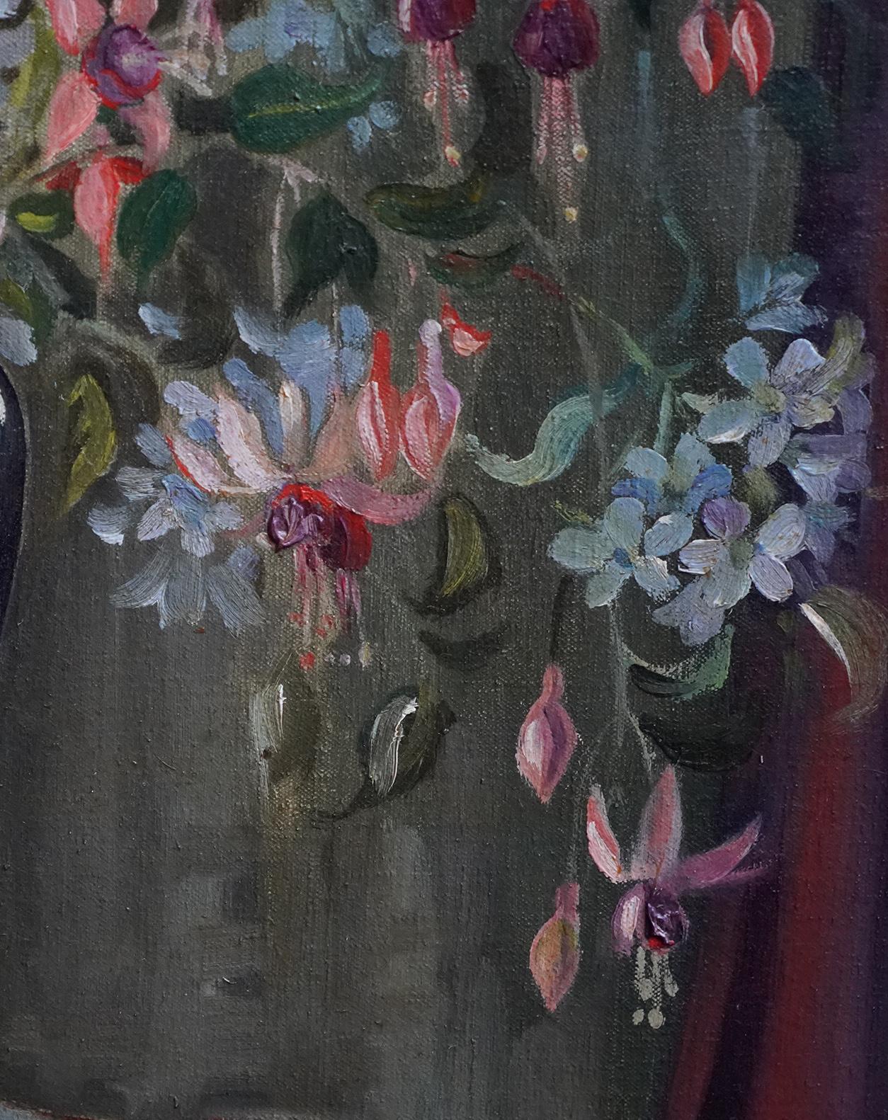 Floral of Fuchsias in a Blue Vase - British fifties still Life art oil painting For Sale 4