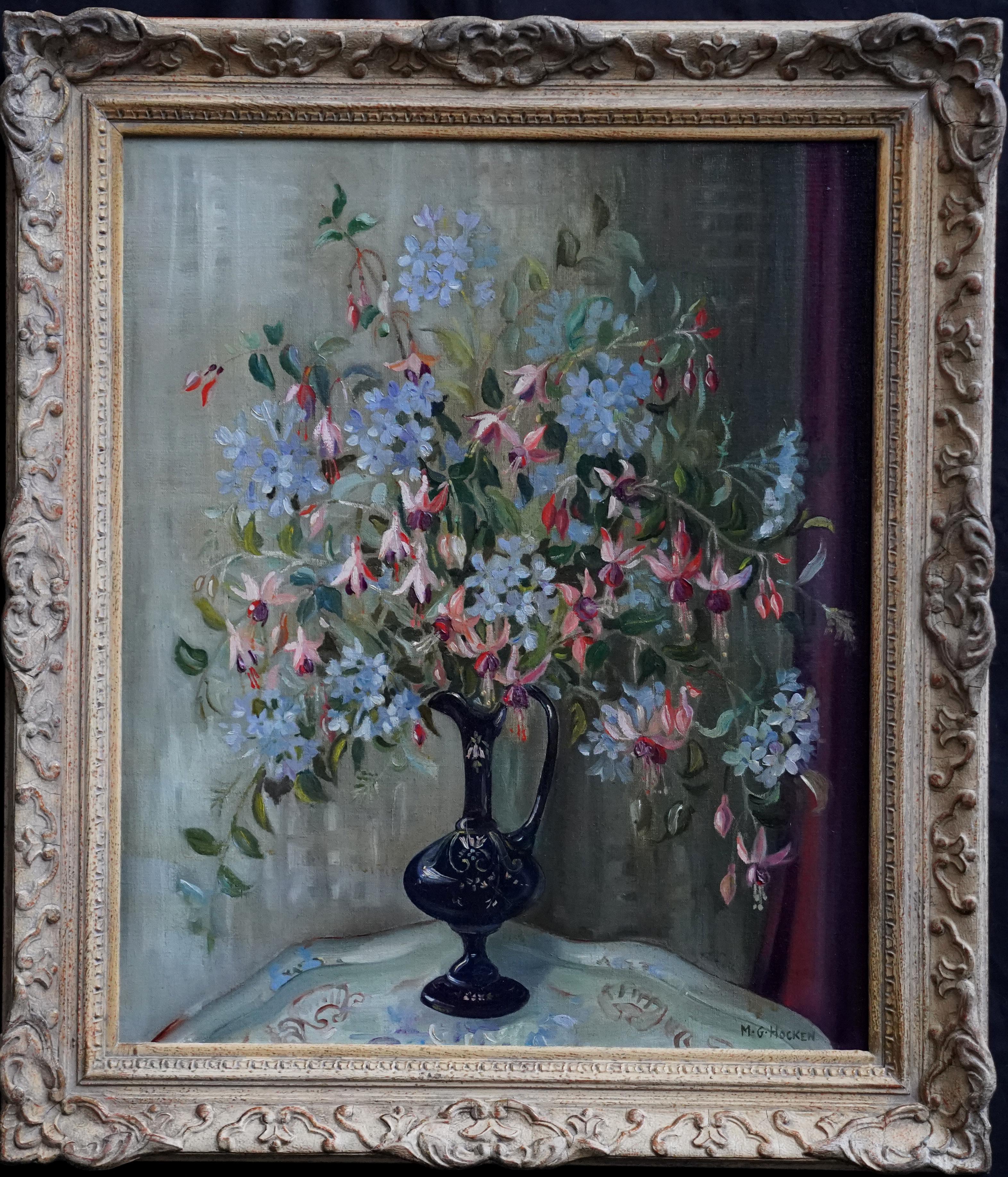 Marion Grace Hocken Still-Life Painting - Floral of Fuchsias in a Blue Vase - British fifties still Life art oil painting