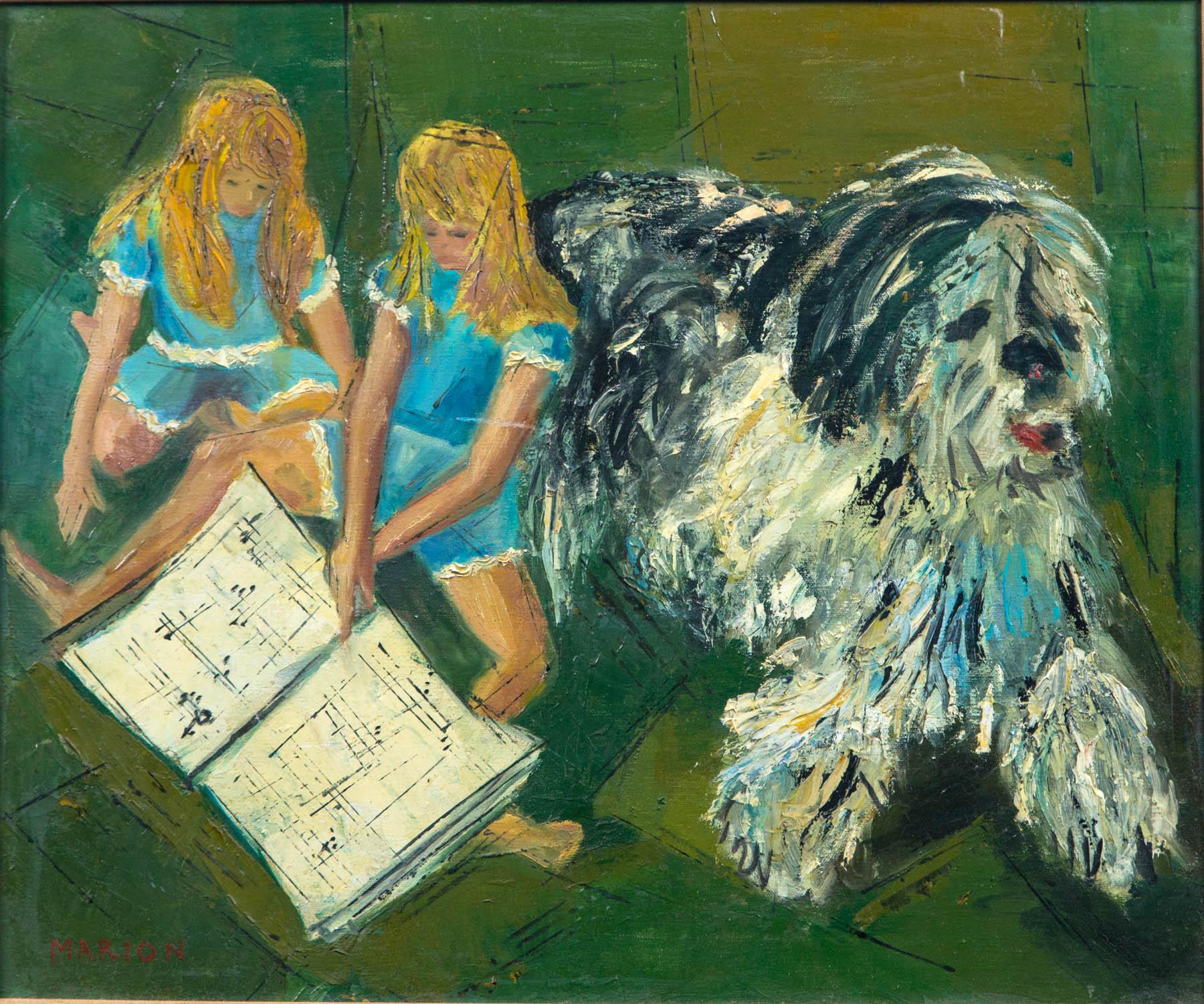 Marion Green oil painting of two blonde girls with a large shaggy dog. Without frame: 23.5 wide x 19.5 high.
A few marks on the frame.