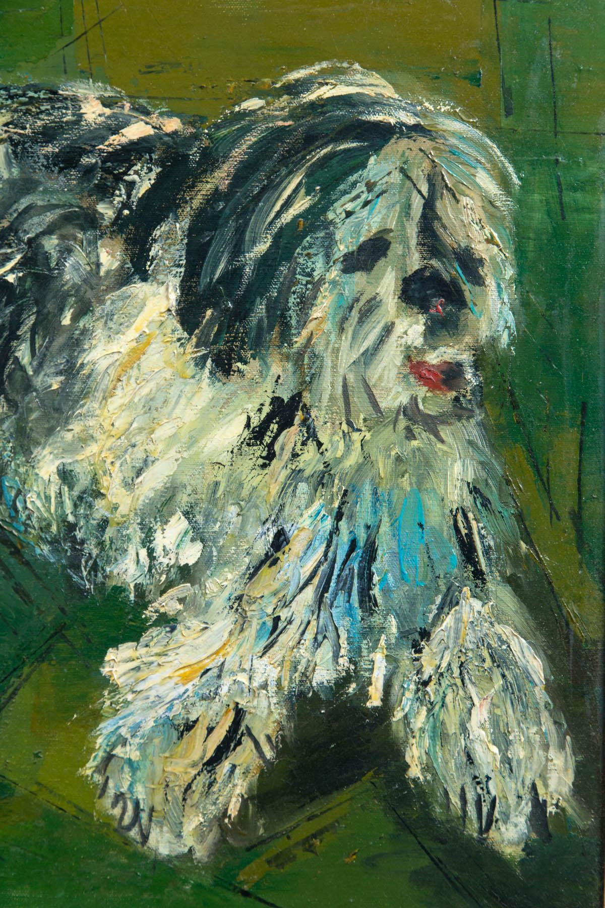 Marion Green, Oil on Canvas of Twin Girls and a Big Shaggy Dog In Good Condition In Stamford, CT