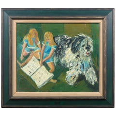 Marion Green, Oil on Canvas of Twin Girls and a Big Shaggy Dog