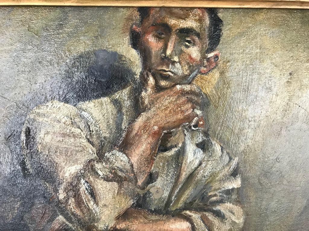 Cool painting of a cool dude by American artist Marion Greenwood. This oil on board depicts a young man striking a casual pose in a rumpled suit and sandals. His position in the painting gives the feeling that he is contemplating whoever is viewing