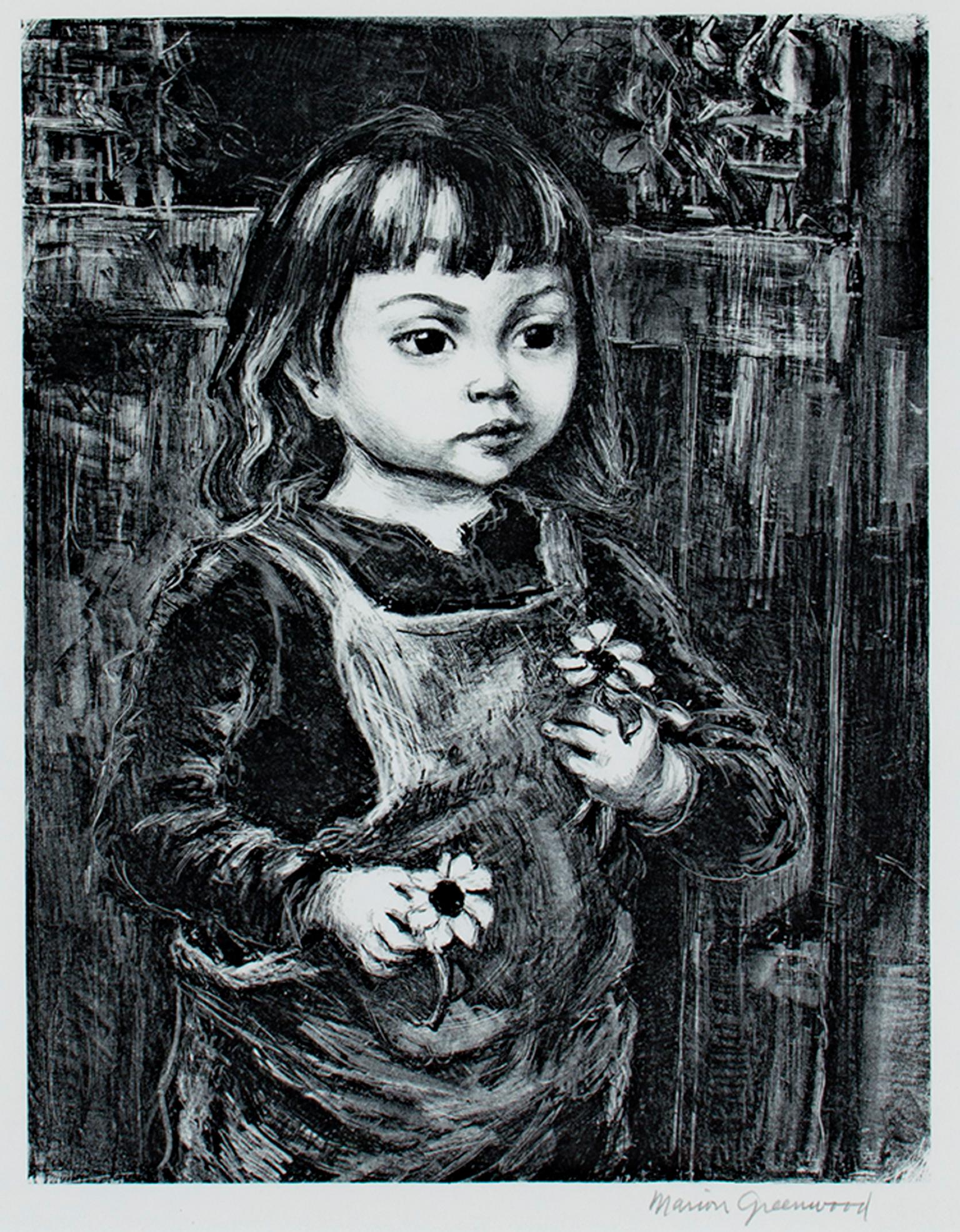 "Black Eyed Susan" es una litografía original de Marion Greenwood, publicada por Associated American Artists. El artista firmó la obra en la parte inferior derecha. En él aparece una niña con unas flores de susan de ojos negros. 

12 1/2" x 9"