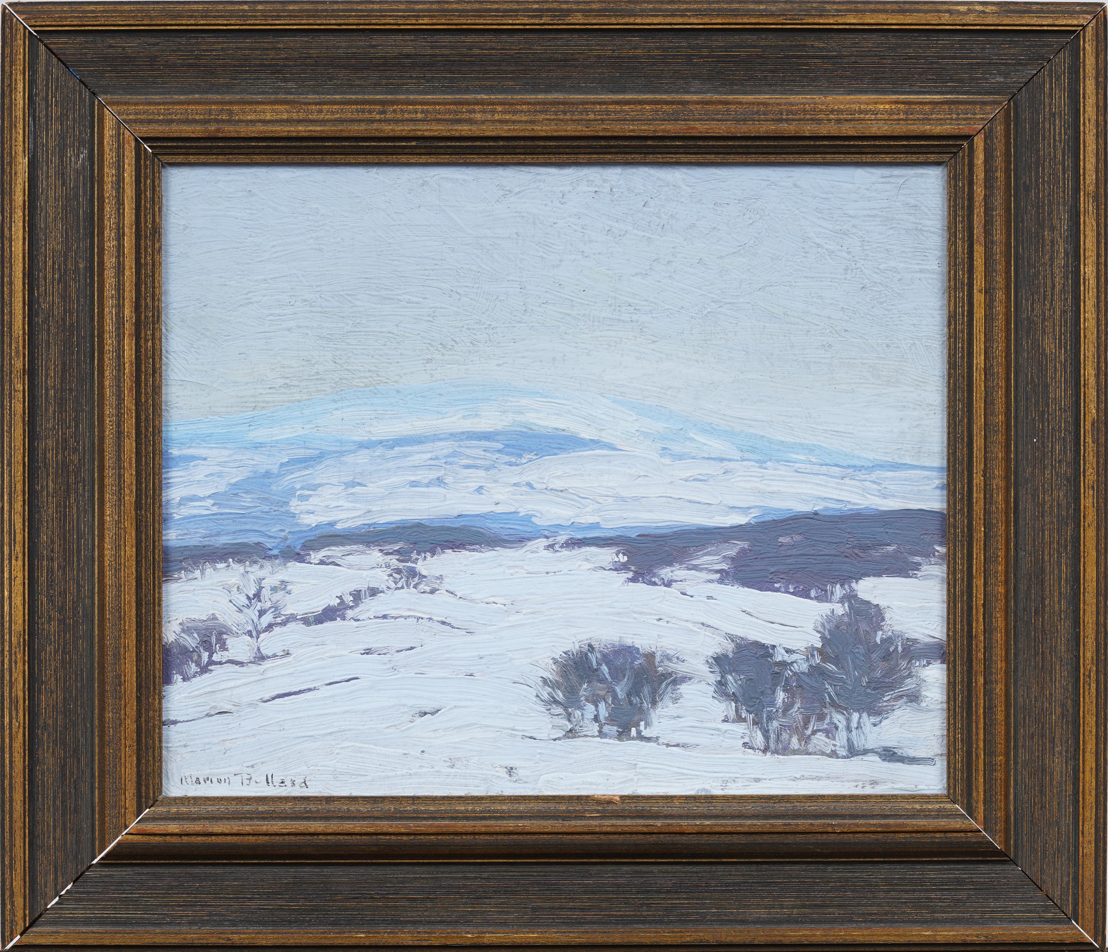 Antique American Impressionist Winter Snow Covered Landscape Framed Oil Painting - Black Landscape Painting by Marion Helen Rorty Bullard 