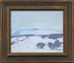 Antiguo cuadro al óleo impresionista americano Paisaje invernal cubierto de nieve enmarcado