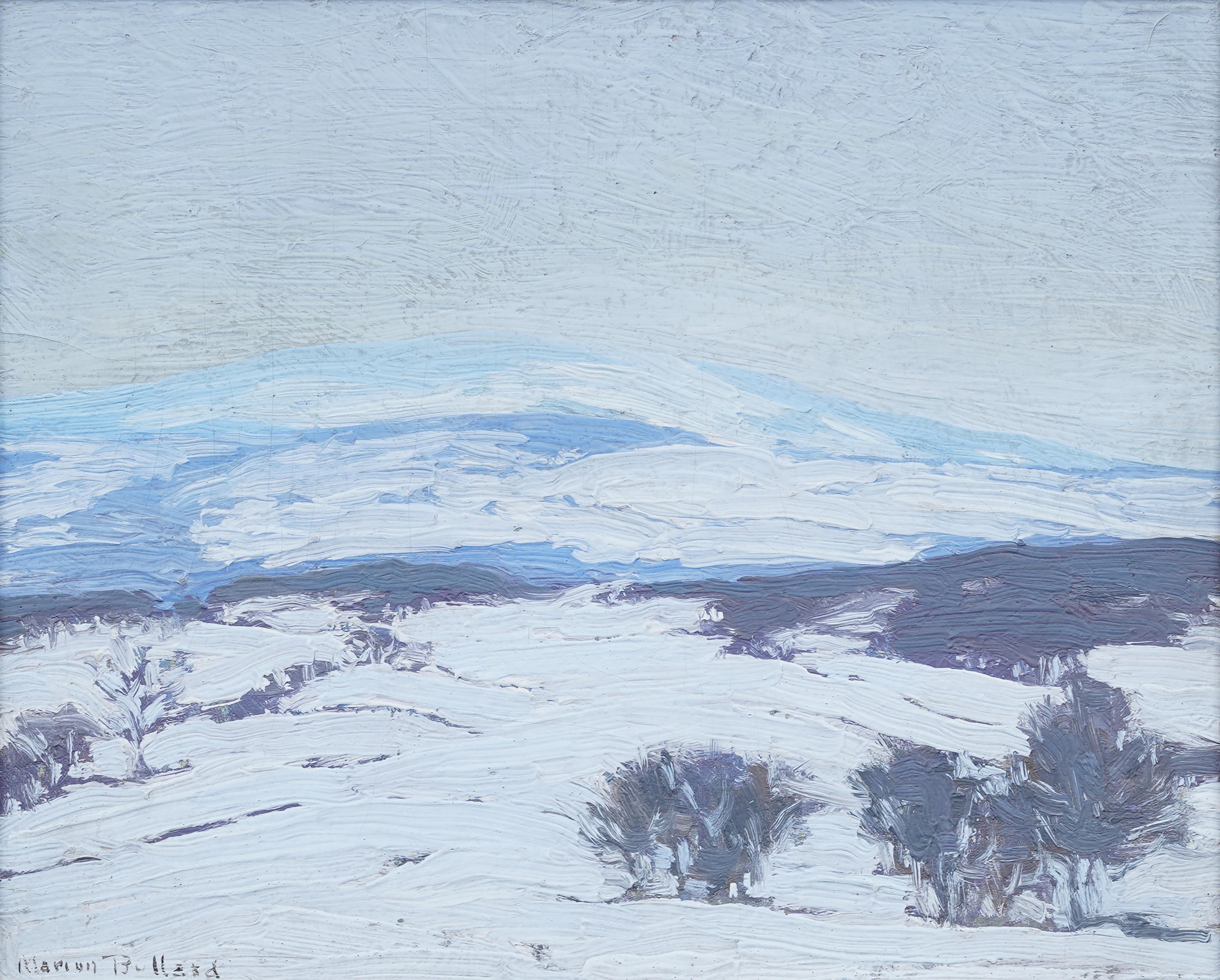 Antique American impressionist snow covered landscape oil painting. Oil on board.   Framed. Signed.  In excellent original condition. Handsomely framed in a  giltwood molding.  Excellent condition, ready to hang and enjoy. 
