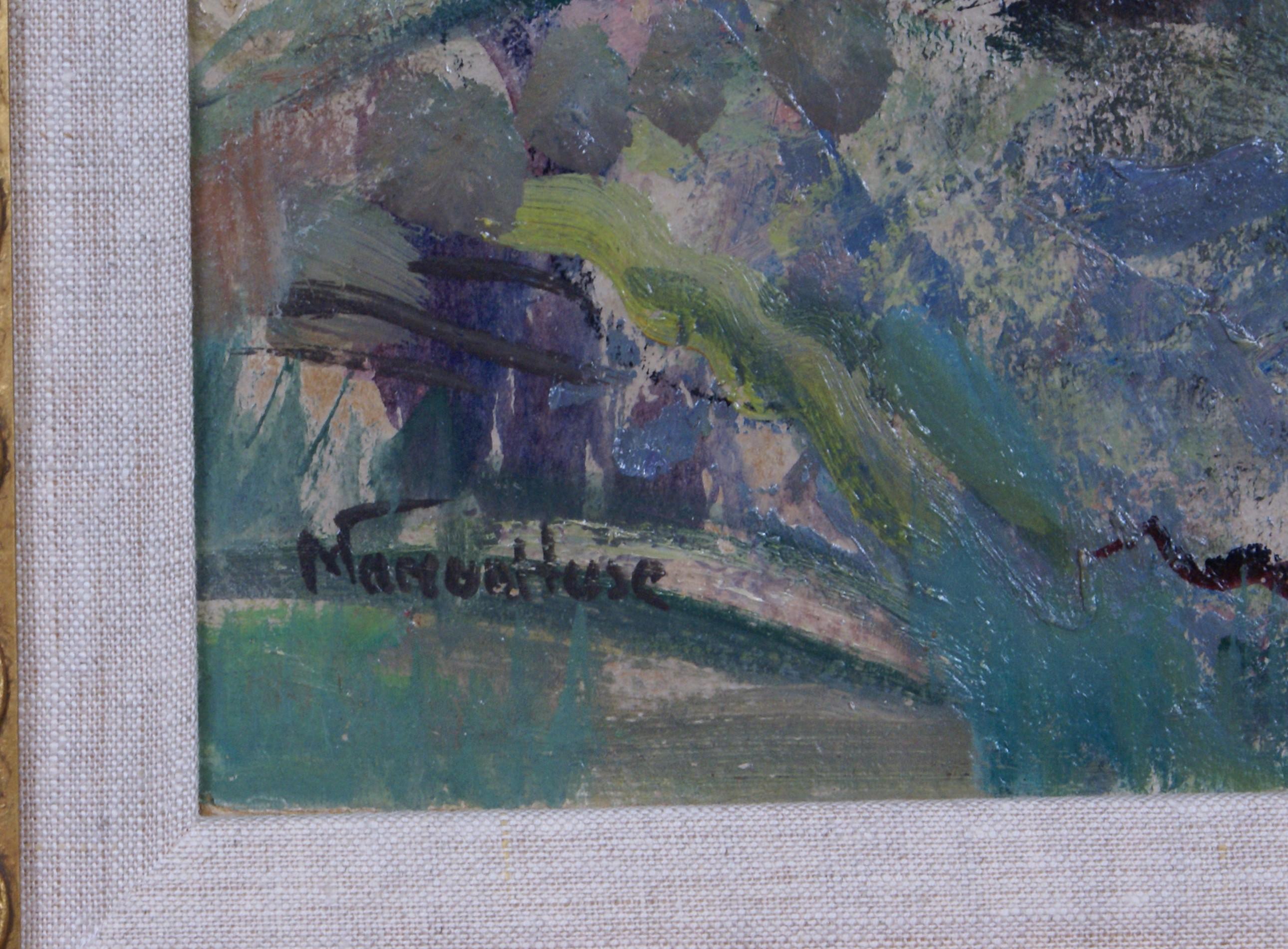 Élégante nature morte florale aux couleurs vives de l'artiste du Massachusetts Marion Huse. L'huile sur carton mesure 21 3/8 x 17 3/8 ; les dimensions de l'encadrement sont 29 5/8 x 25 5/8 x 1 5/8. La peinture est signée, dans le coin inférieur