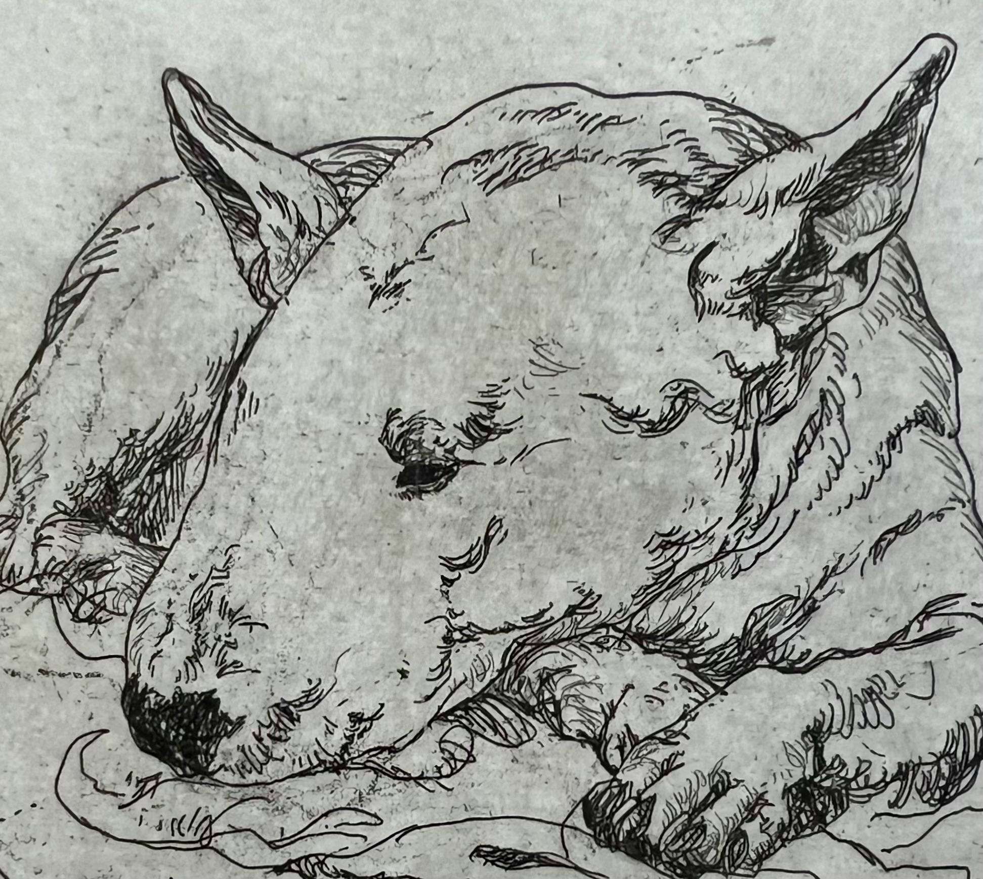 Handgezogene Radierung eines schlafenden Bullterriers hat Charme und verleiht Prestige (Realismus), Painting, von Marion Krupp