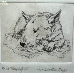 Handgezogene Radierung eines schlafenden Bullterriers hat Charme und verleiht Prestige