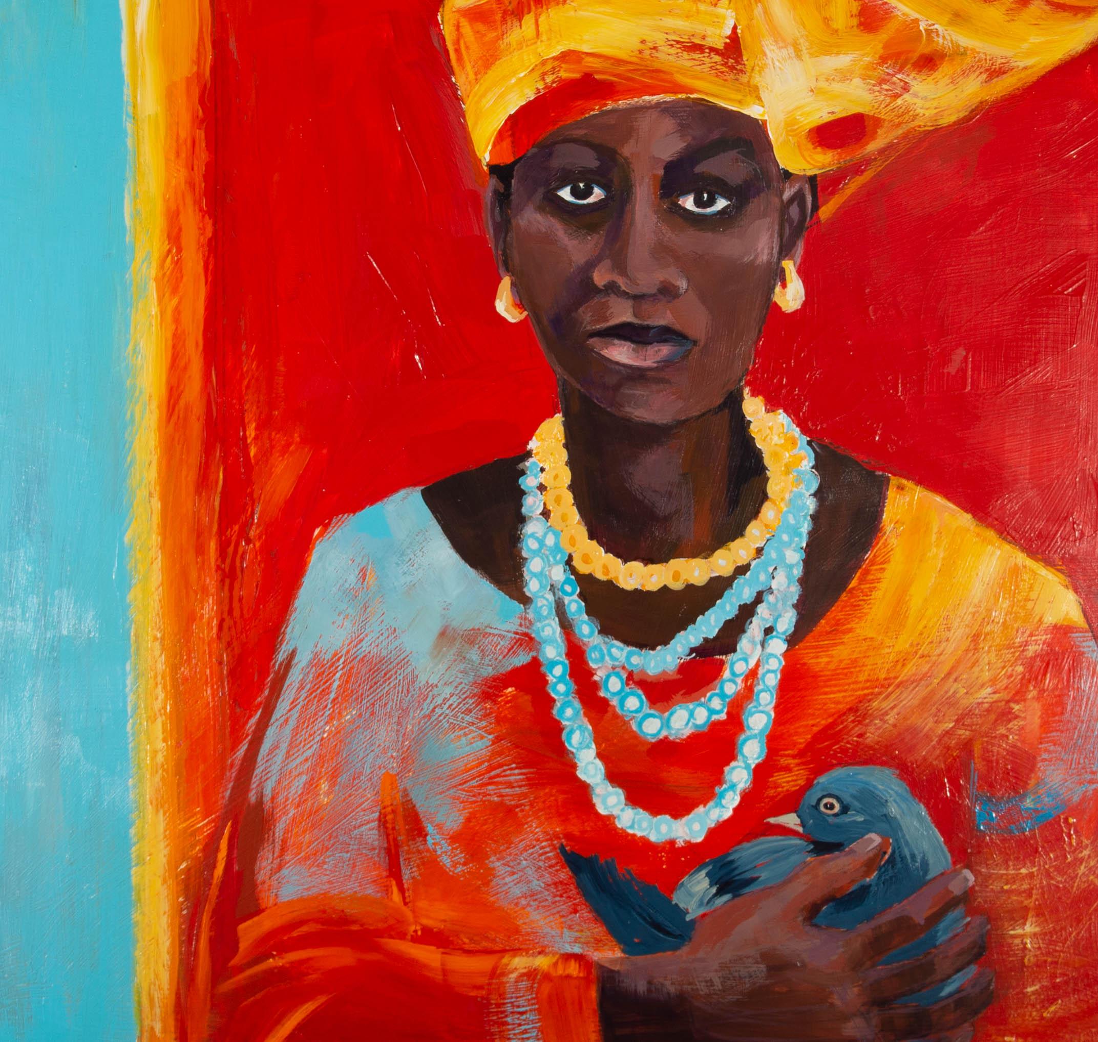 Un ritratto splendidamente vibrante che mostra una donna finemente vestita che tiene delicatamente al petto un uccellino azzurro. L'artista ha firmato e scritto sul retro. Il quadro è stato presentato in una semplice cornice nera. A bordo.
