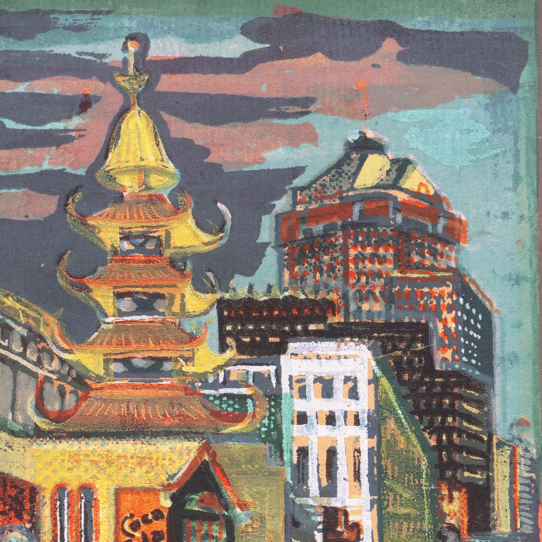 'Cable Car in Chinatown, San Francisco', Mid-century view of Grant Avenue - Modern Print by Marion Osborn Cunningham