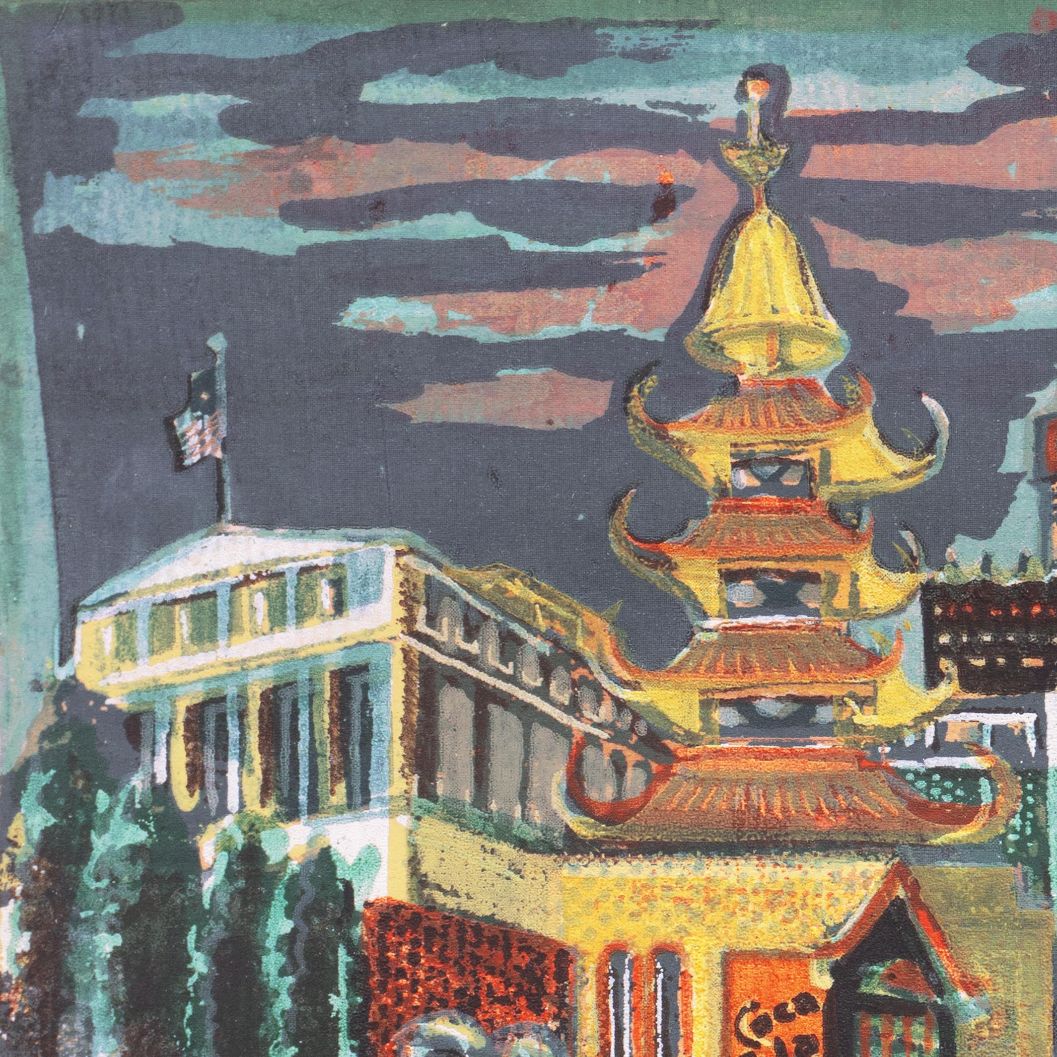 'Cable Car in Chinatown, San Francisco', Mid-century view of Grant Avenue - Gray Landscape Print by Marion Osborn Cunningham
