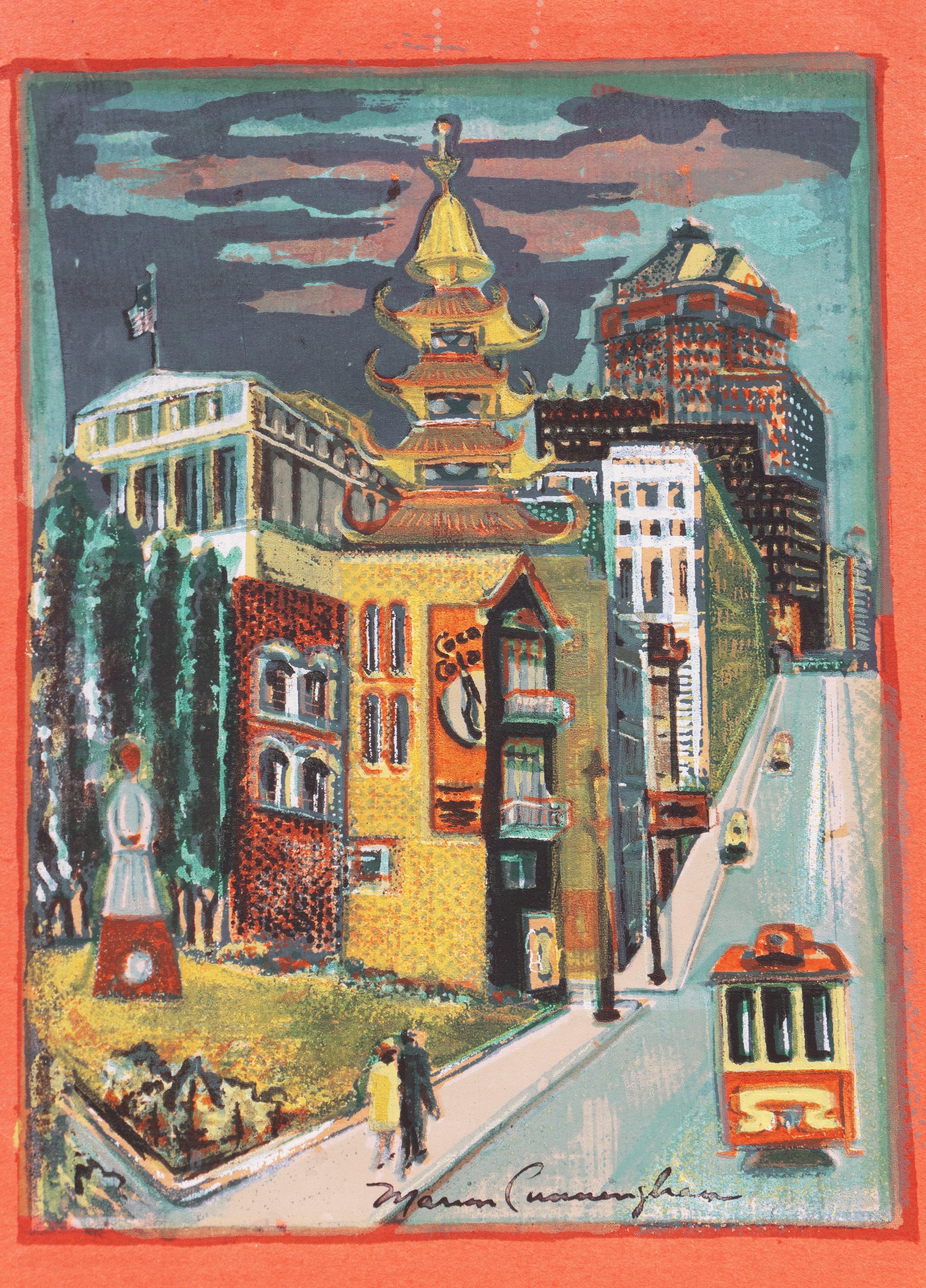 A dynamic, mid-century, multi-screen serigraph showing a view of Grant Street with a cable car approaching and pedestrians walking beneath a Coca Cola sign. Signed lower right, 'Marion Cunningham' (American, 1908-1948) and created circa 1945.

After