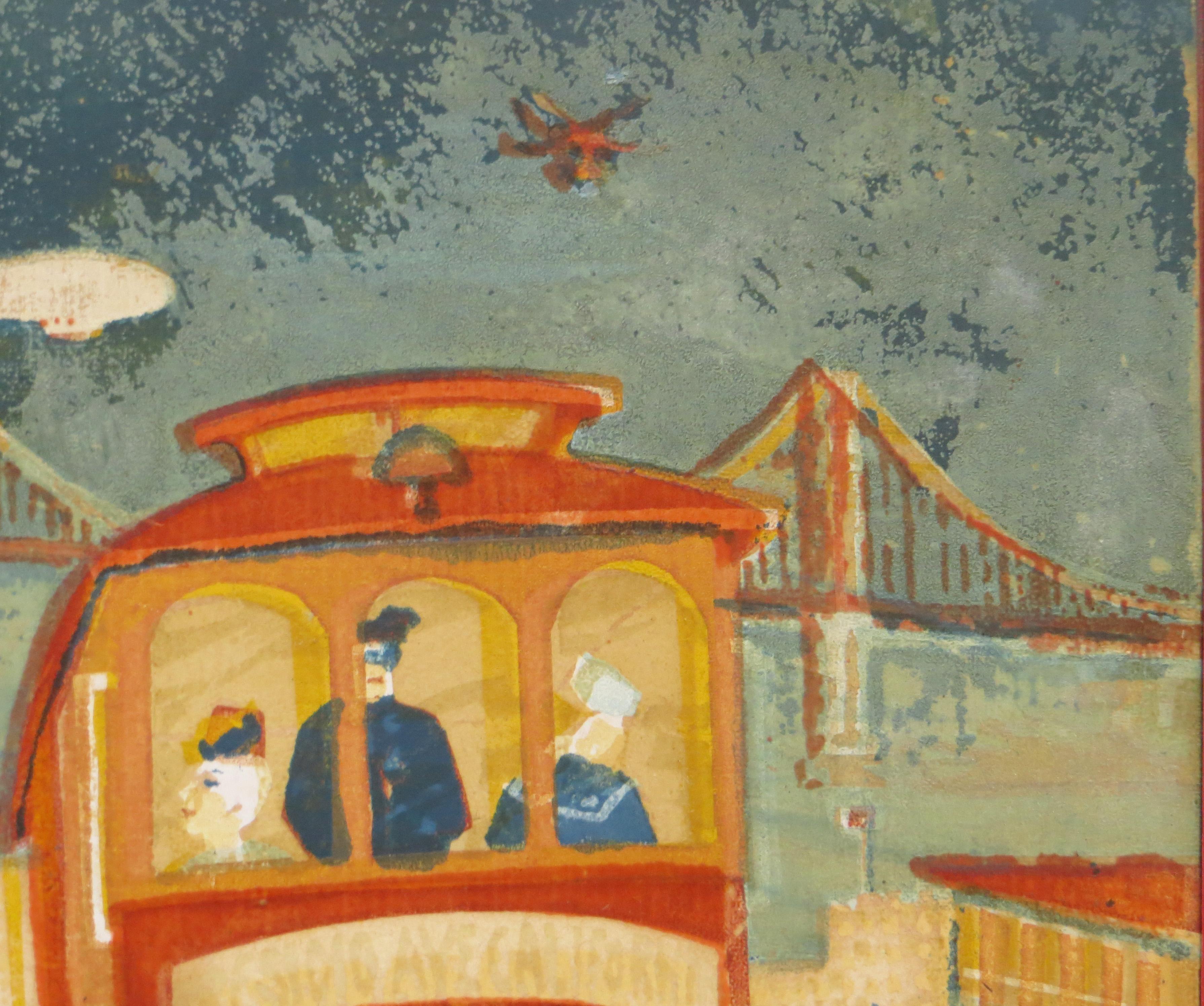 Cable Car, San Francisco Bay Bridge, Blimp, Airplane - Modern Print by Marion Osborn Cunningham