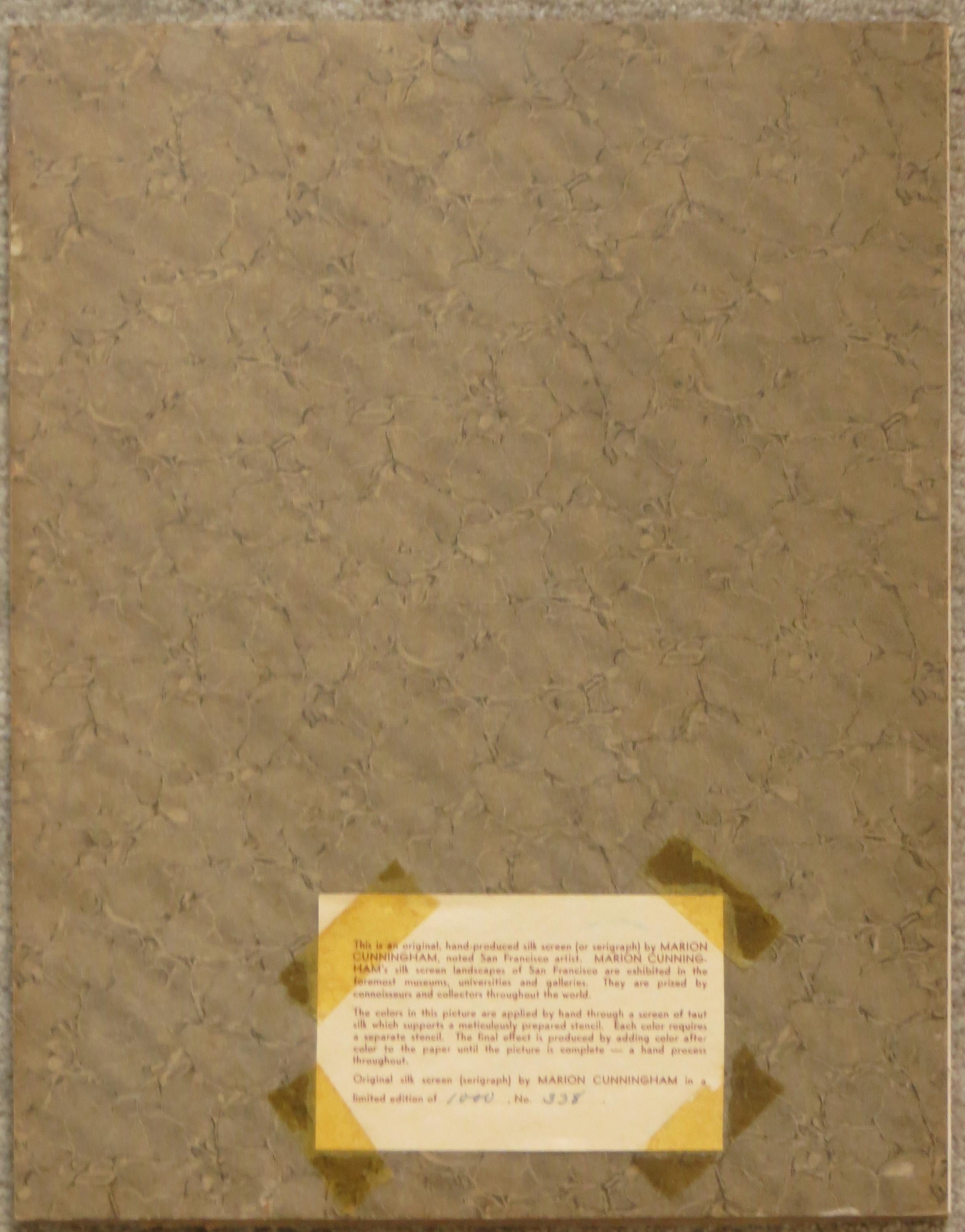 Artist: Marion Osborn Cunningham – American (1908-1948)
Title: Cable Car, San Francisco Bay Bridge, Blimp, Airplane
Year: circa 1943
Medium: Serigraph (Silkscreen)
Edition: 1000. This print: #338
Sight size: 8.25 x 6.25 inches. 
Framed size: 15 x 12