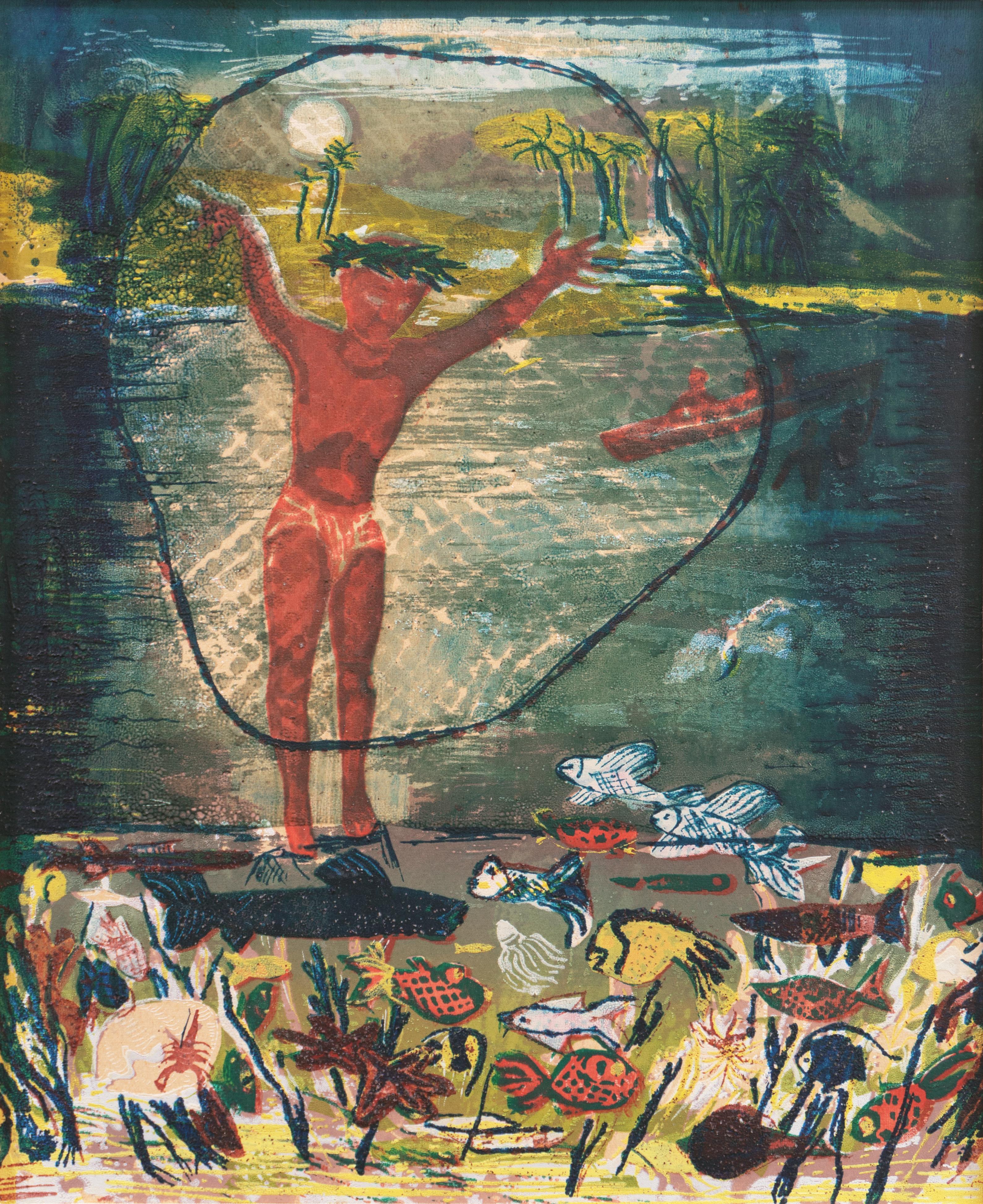 Marion Osborn Cunningham Landscape Print - 'Fisherman', California Woman Artist, SFMOMA, Cleveland Museum, Metropolitan 