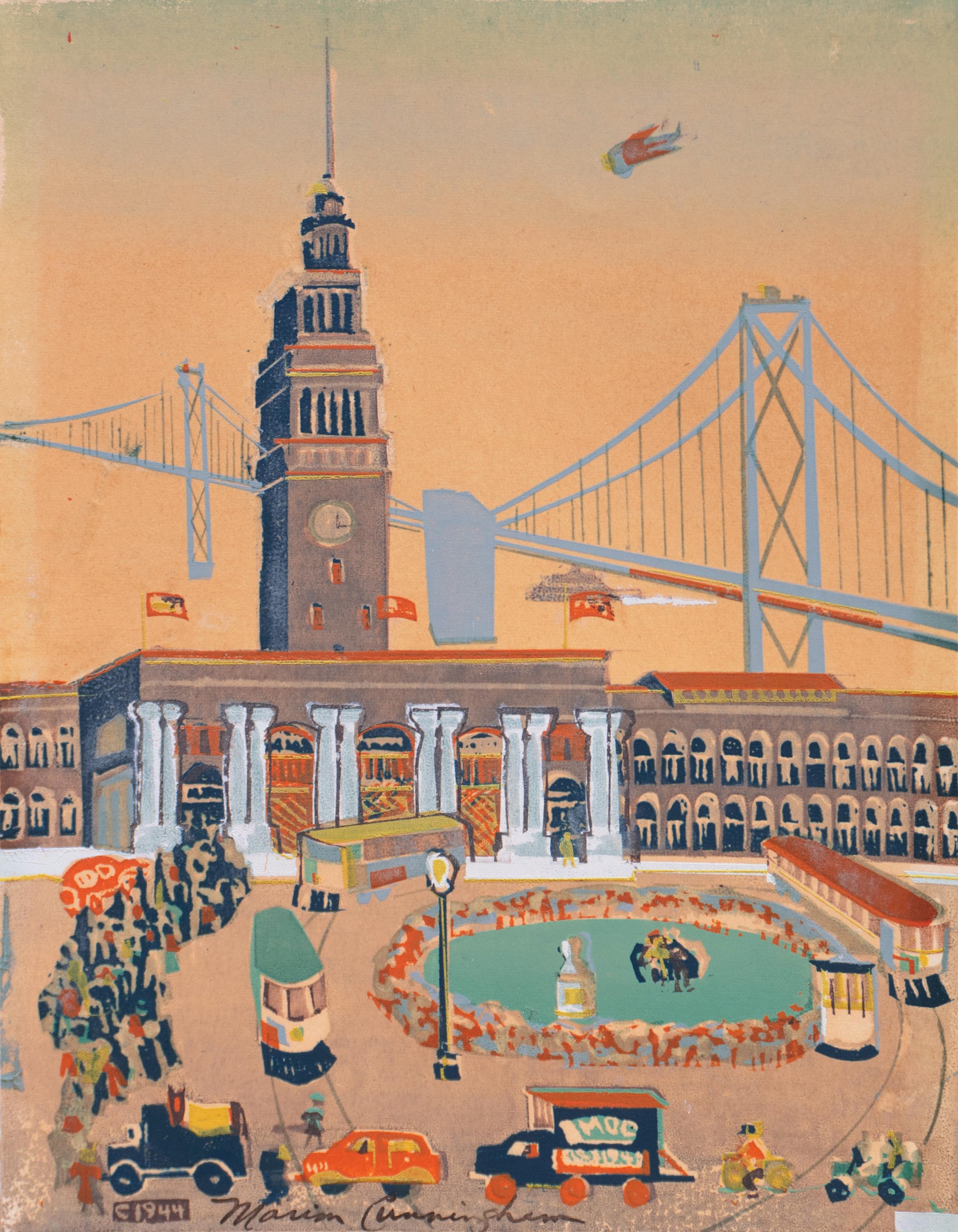 'Pier 49 Cable Cars', San Francisco Woman Artist, Metropolitan, SFAA, NYMoMA - Print by Marion Osborn Cunningham