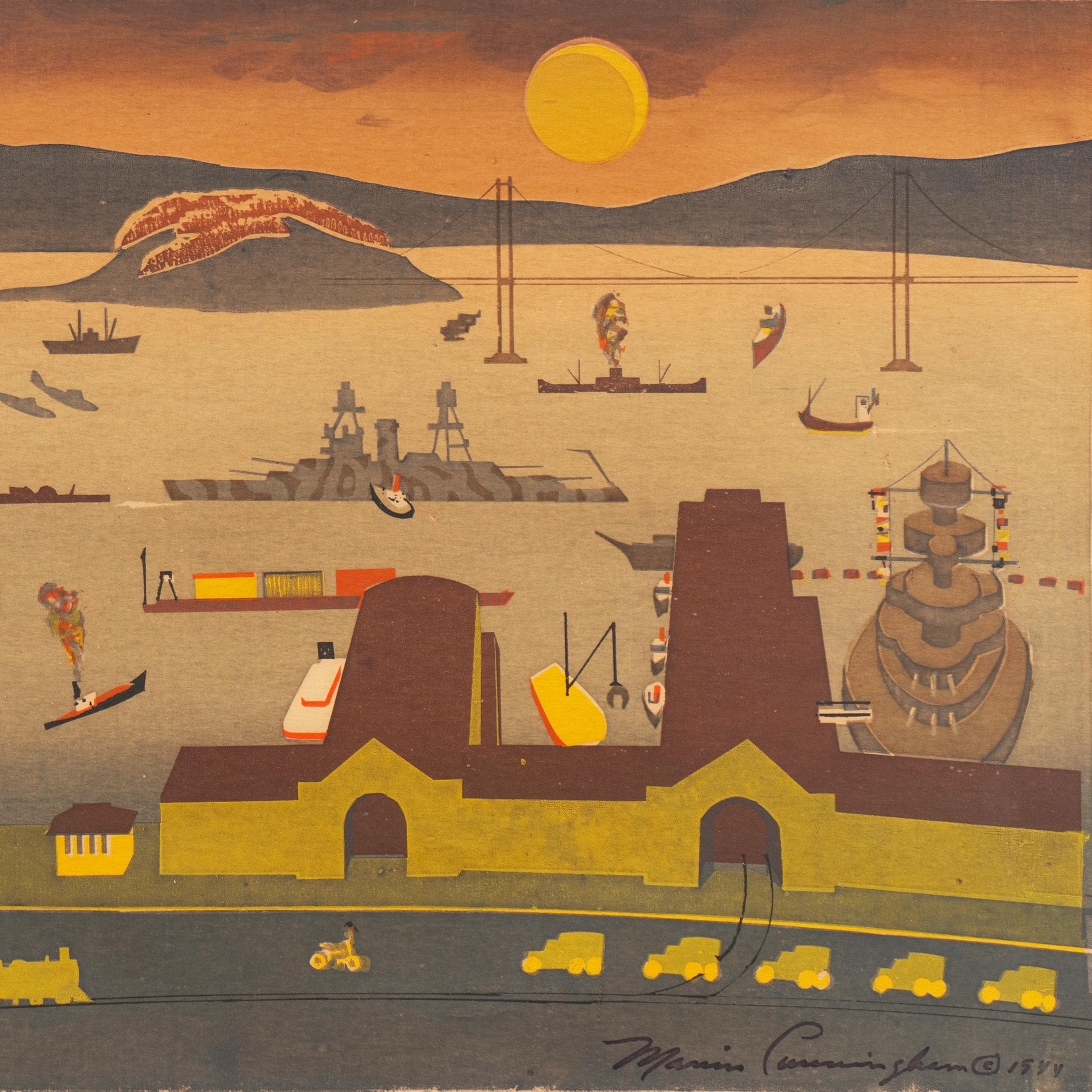 A panoramic view of the San Francisco docks showing a large destroyer berthed at right, with a view beyond towards Treasure Island and a luminous harvest moon hanging above the hills. 
Signed, in screen, lower right 'Marion Cunningham' (American,