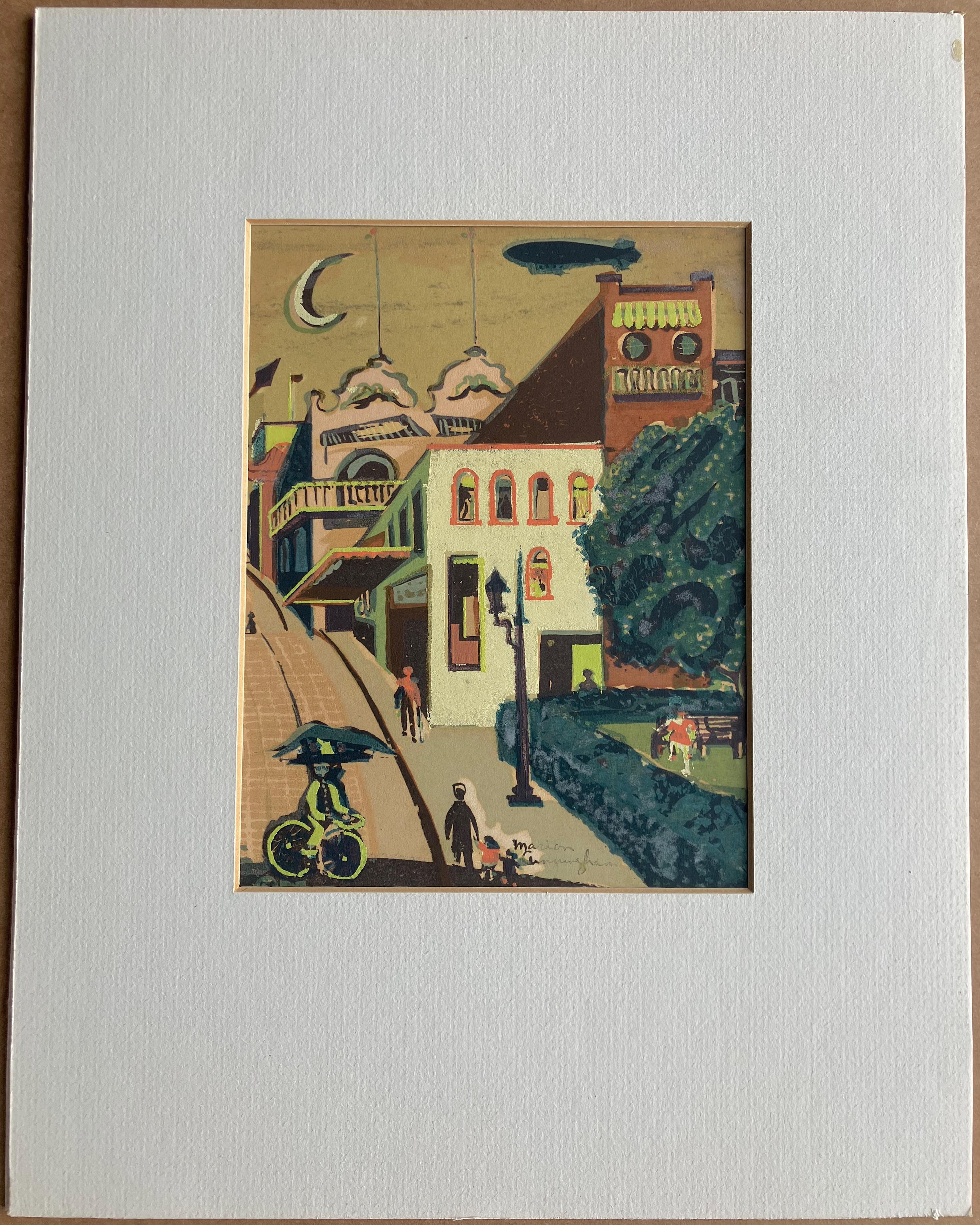 Artist: Marion Osborn Cunningham – American (1908-1948)
Title: San Francisco with Blimp Overhead
Year: 1940s
Medium: Serigraph (Silkscreen)
Edition: Unknown
Sight size: 7.75 x 6 inches. 
Image size: 8.25 x 6.5 inches
Sheet size: 10.5 x 9
