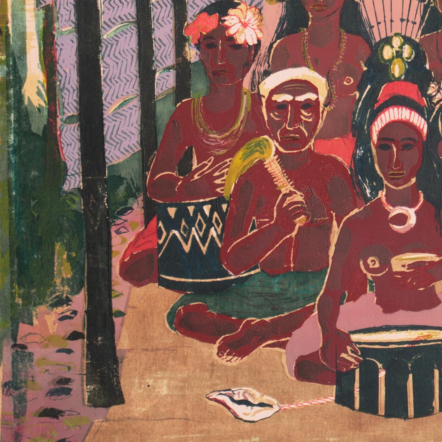 Stamped, verso, with certification of authenticity for 'Marion Cunningham' (American, 1908-1948) and created in 1948.
Paper dimensions: 17.75 x 16 inches

A substantial and rare, mid-century silkscreen showing a Hawaiian family seated beneath a