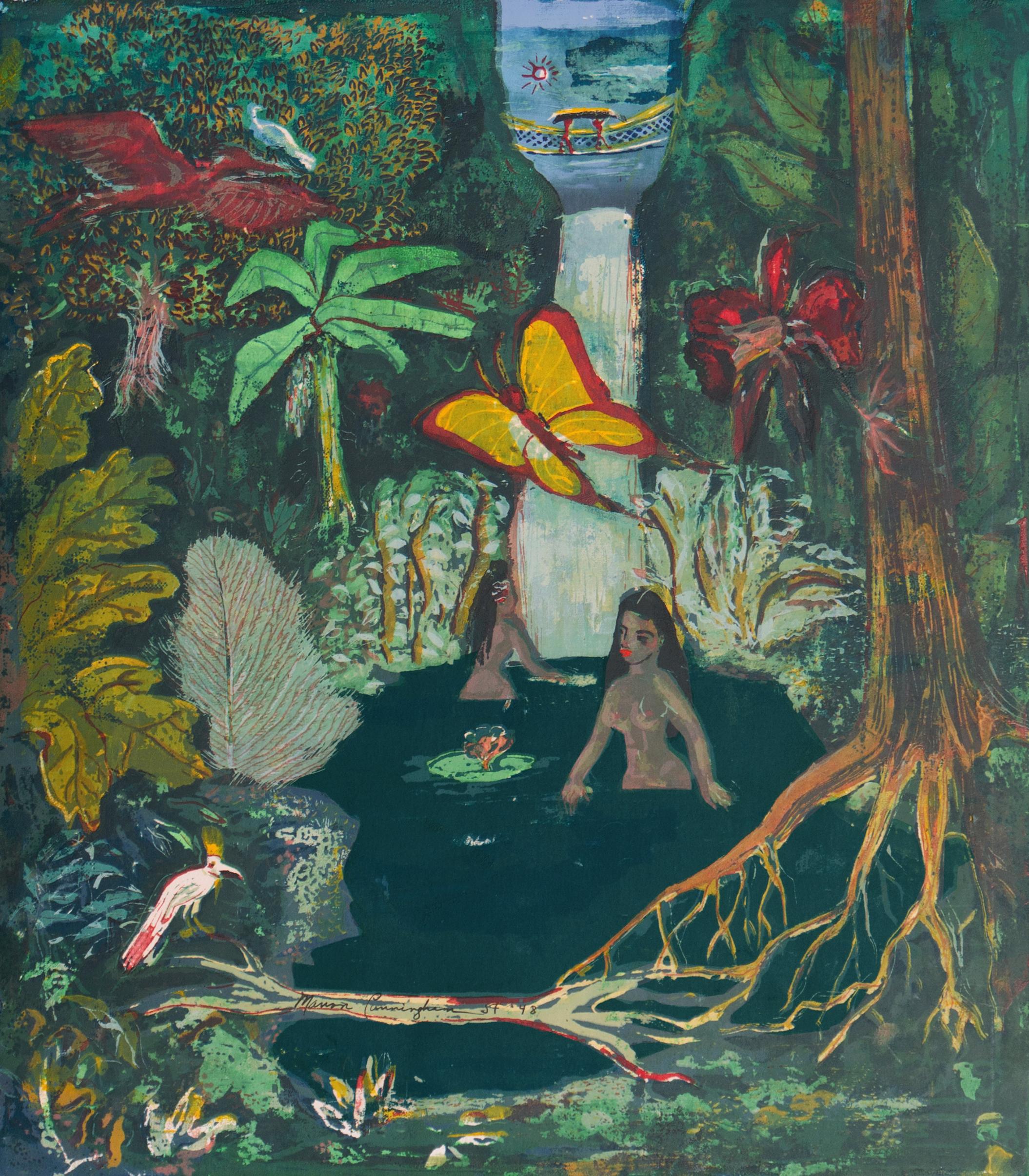Marion Osborn Cunningham Landscape Print - 'Tropical Waterfall, Hawaii', Metropolitan Mus., National Gallery, NY MoMA, SFAA