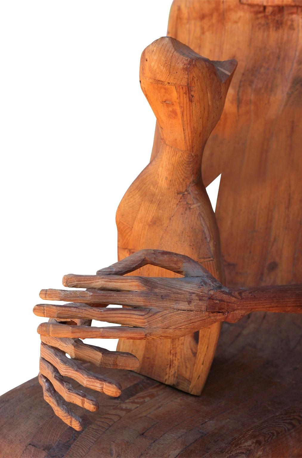 Modern Hand Carved Wooden Folk Sculpture of a Seated Woman with a Pet Cat  4