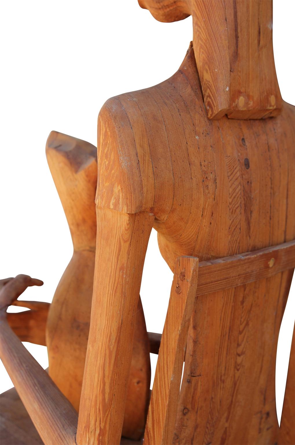 Modern Hand Carved Wooden Folk Sculpture of a Seated Woman with a Pet Cat  5