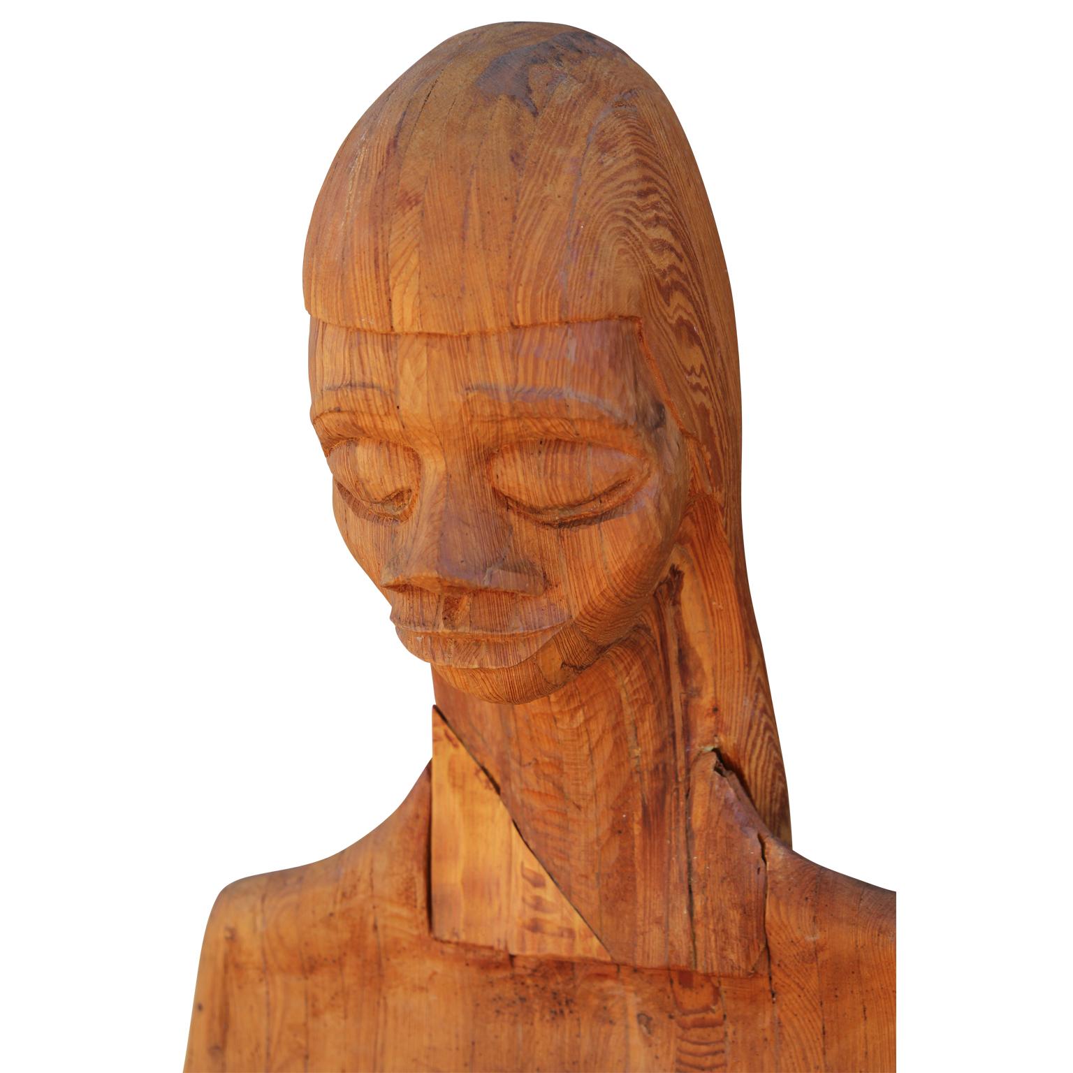 Modern Hand Carved Wooden Folk Sculpture of a Seated Woman with a Pet Cat  2