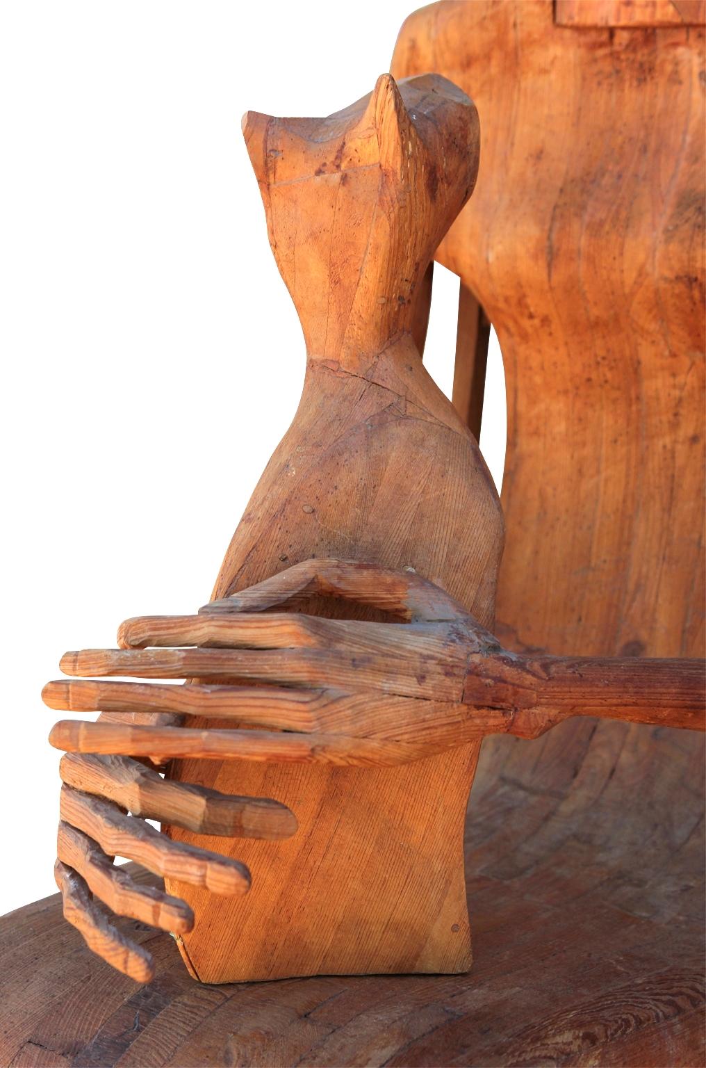 Modern Hand Carved Wooden Folk Sculpture of a Seated Woman with a Pet Cat  3