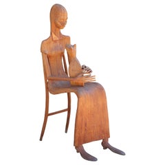 Vintage Modern Hand Carved Wooden Folk Sculpture of a Seated Woman with a Pet Cat 