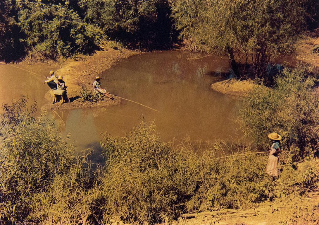 Marion Post Wolcott Color Photograph – Negroes beim Angeln im Fluss neben Baumwollpflanzgefäßen an der Außenseite Belzoni