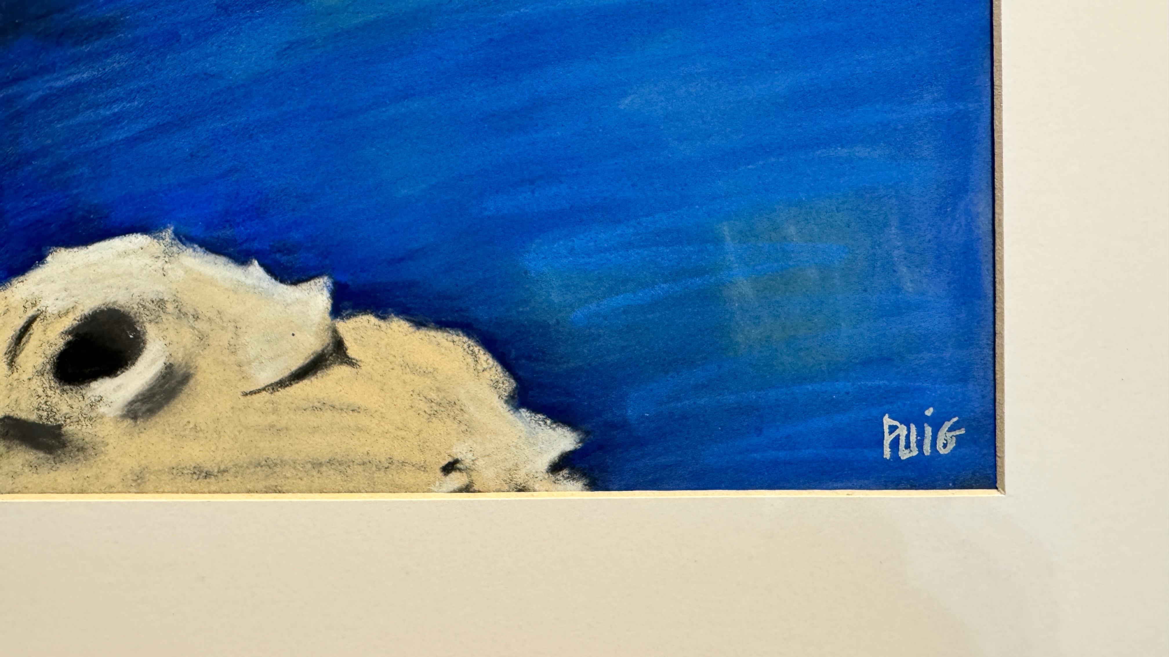 This painting is inspired by Cala Saona in Formentera, in the Balearic Islands, where the blue of the sea and the pale ochre of the rock meet in a striking harmony. She wanted the deep, vivid blue of the sea to occupy most of the composition,