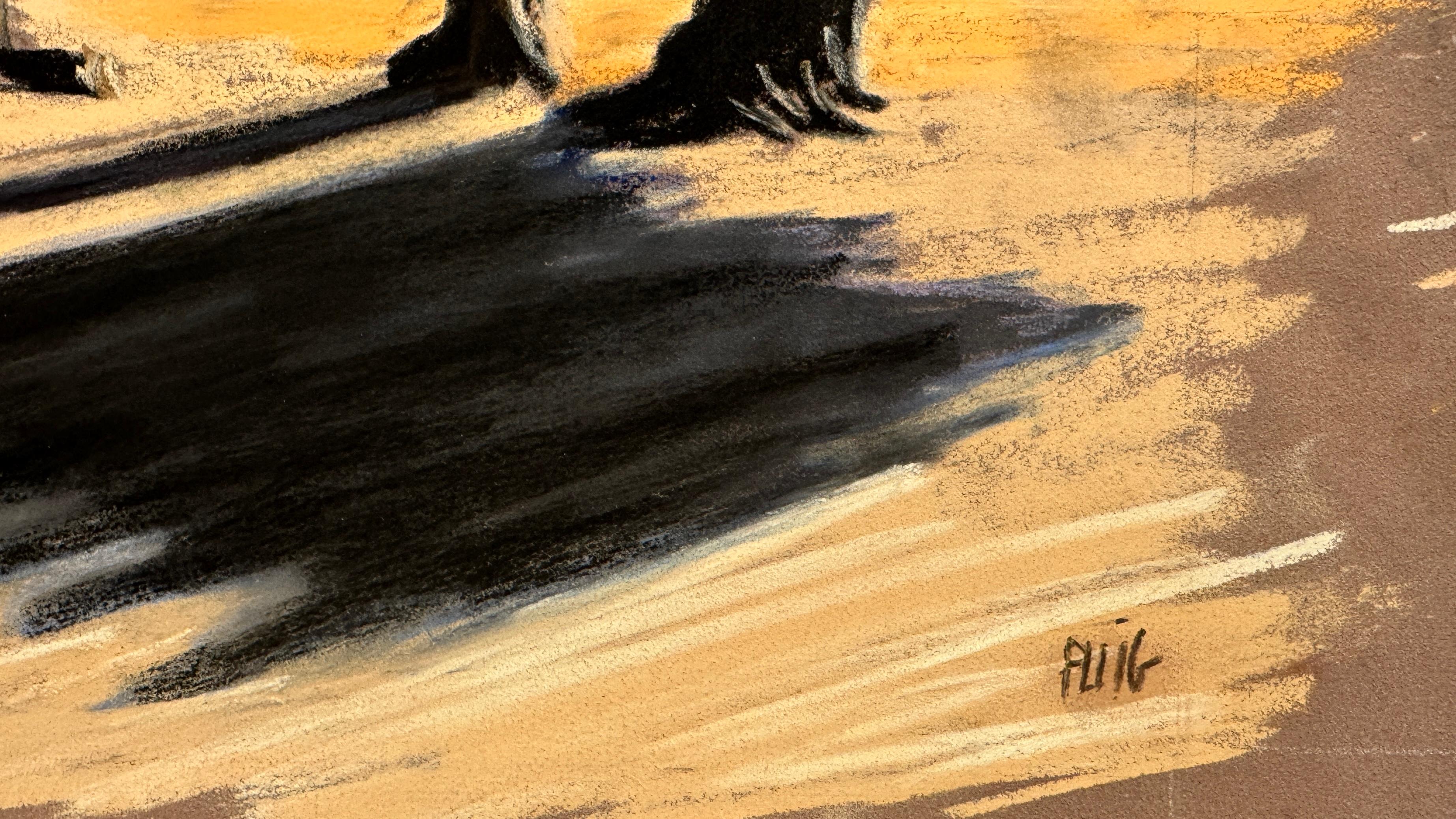 This landscape is inspired by the Protected Natural Site of Paulilles, on the Mediterranean coast of southern France. She sought to highlight the strong contrast between the brightness of the ground and the deep shadows of the pine trees, creating a