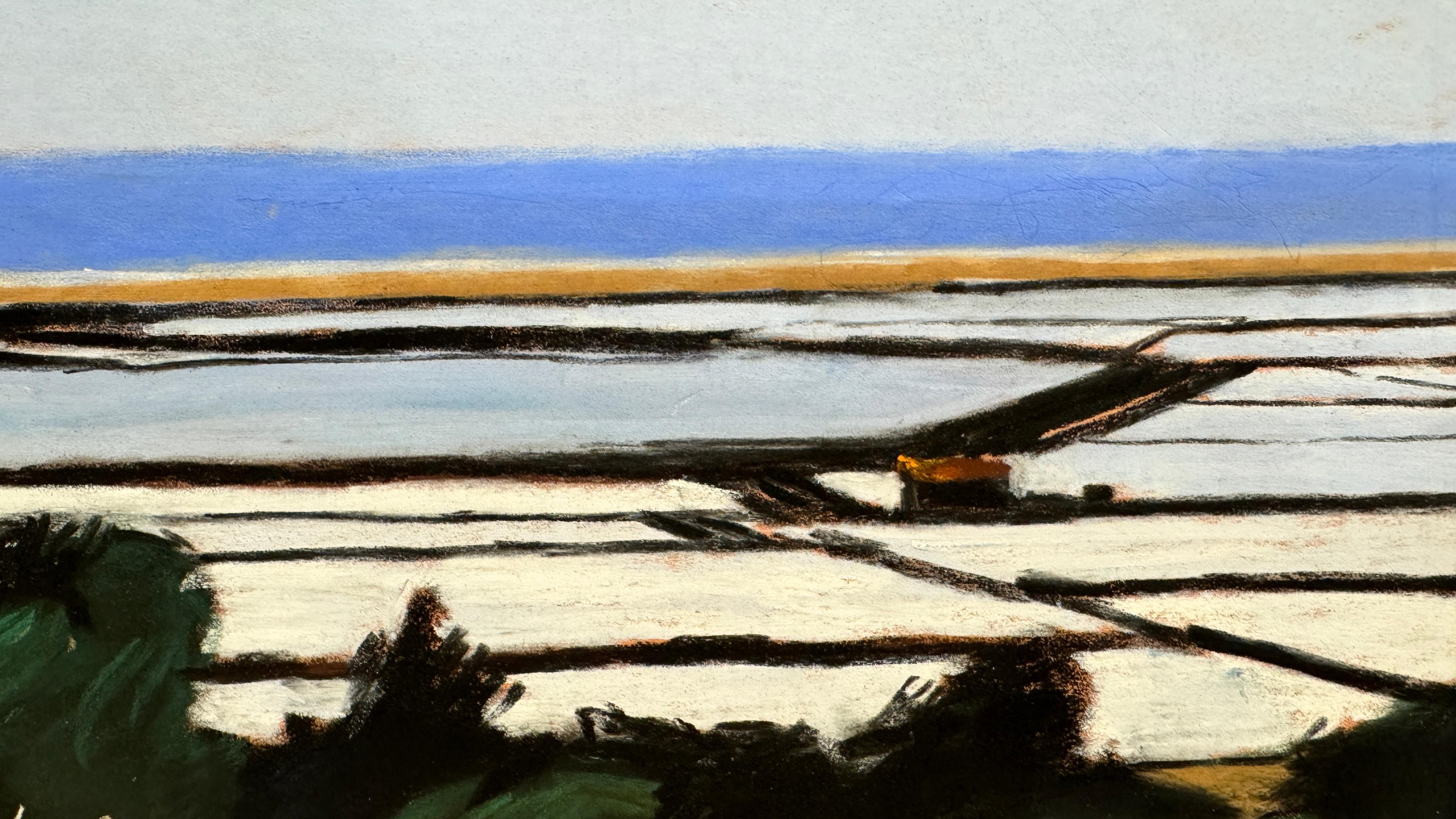 The artist sought to capture the graphic and luminous character of the Gruissan salt flats on the Mediterranean coast of France. Her intention was to work with the contrasts between geometric lines, clear colors, and radiant light.

The rectangular