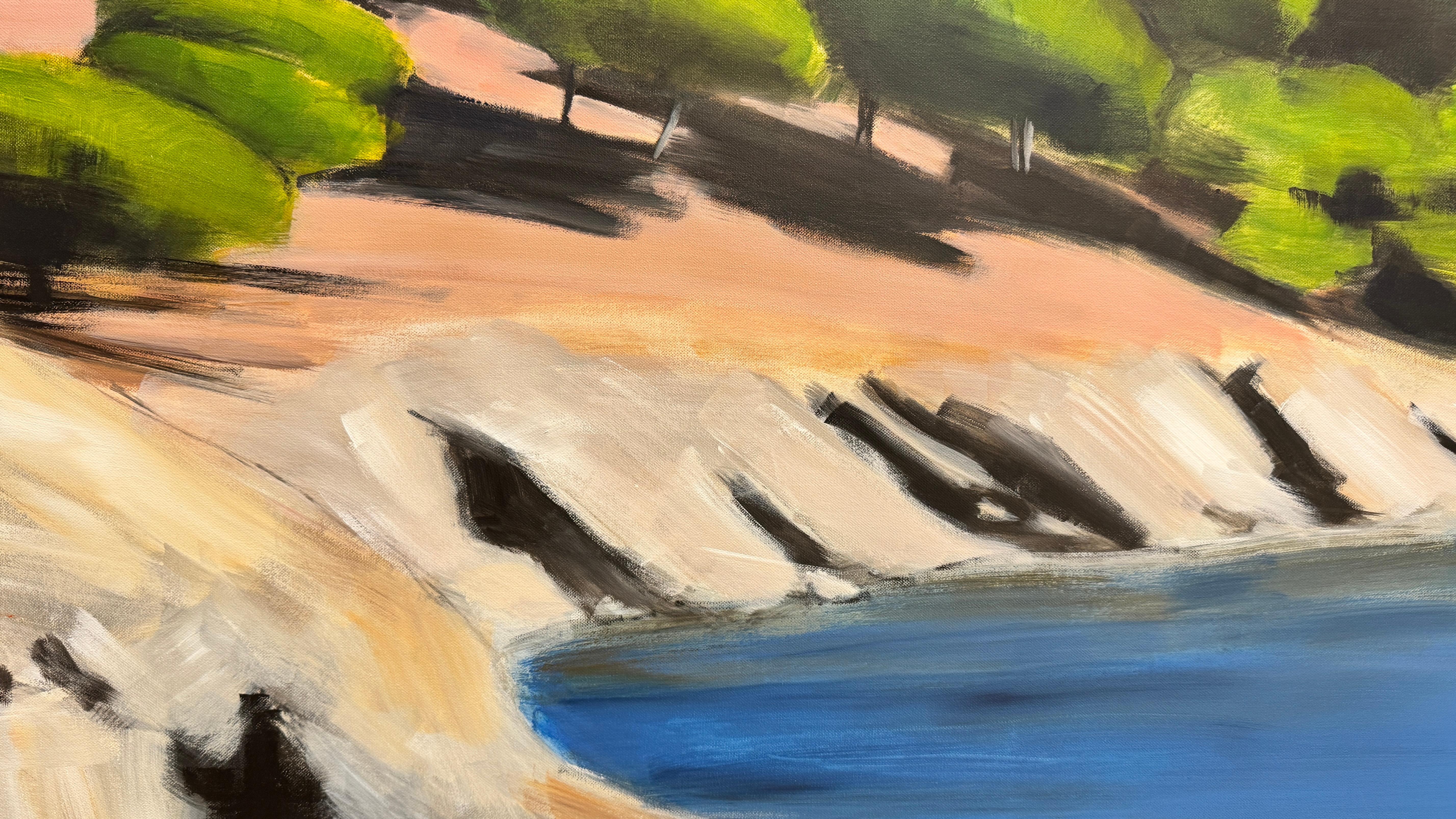 Esta obra está inspirada en la bahía de Paulilles, en el sur de Francia, un paraje natural protegido especialmente significativo para el artista. Es una invitación a la contemplación y al paseo tranquilo. El azul profundo del mar contrasta con los