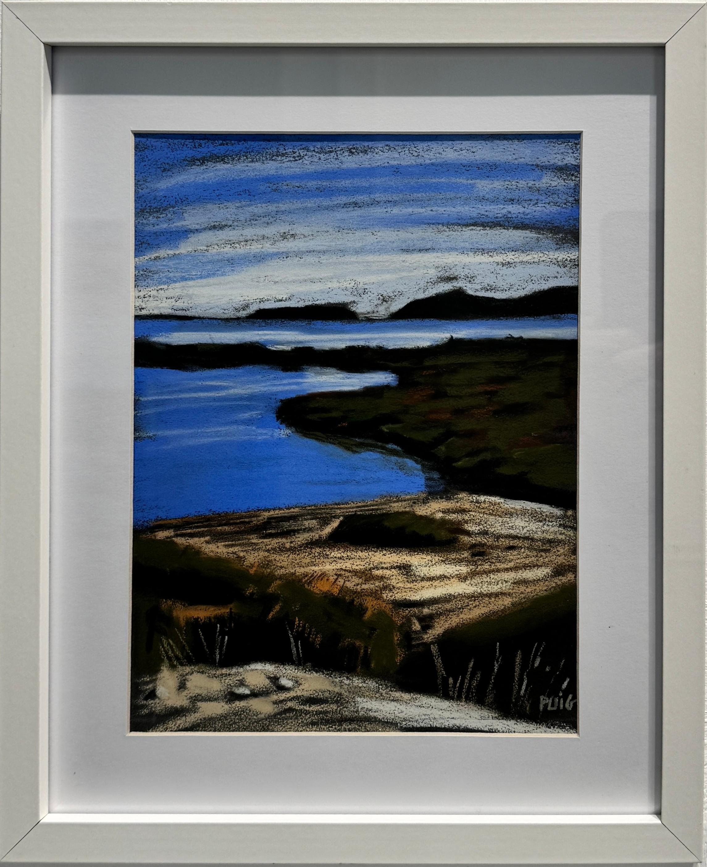 Diese Landschaft ist inspiriert von den Salzwasserlagunen um Peyriac-de-Mer in Südfrankreich, wo Land und Wasser ineinander übergehen. Sie versuchte, diese zerbrechliche Harmonie durch die Blautöne des Himmels und des Wassers zu vermitteln, die mit